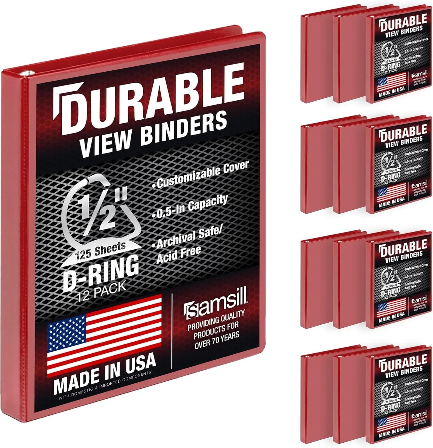 Samsill Red 1.3cm (0.5 inch) D-Ring Binder, 100% Recycled Chipboard, 12 Pack | Bulk Pack Storage Binder for Students & Office - main product image