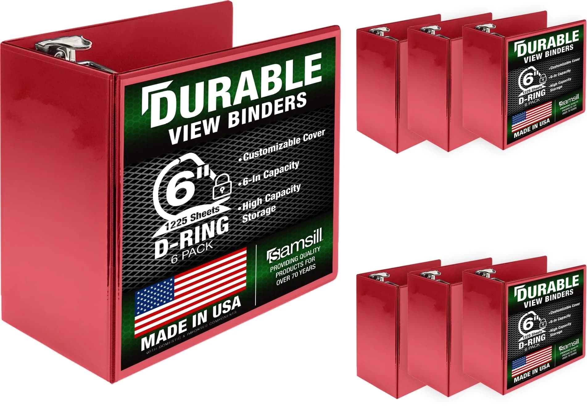 Samsill 6-Inch Red 3-Ring Binder with Clear View Cover, 6-Pack | Heavy-Duty D-Ring Storage for 1225 Pages - main product image