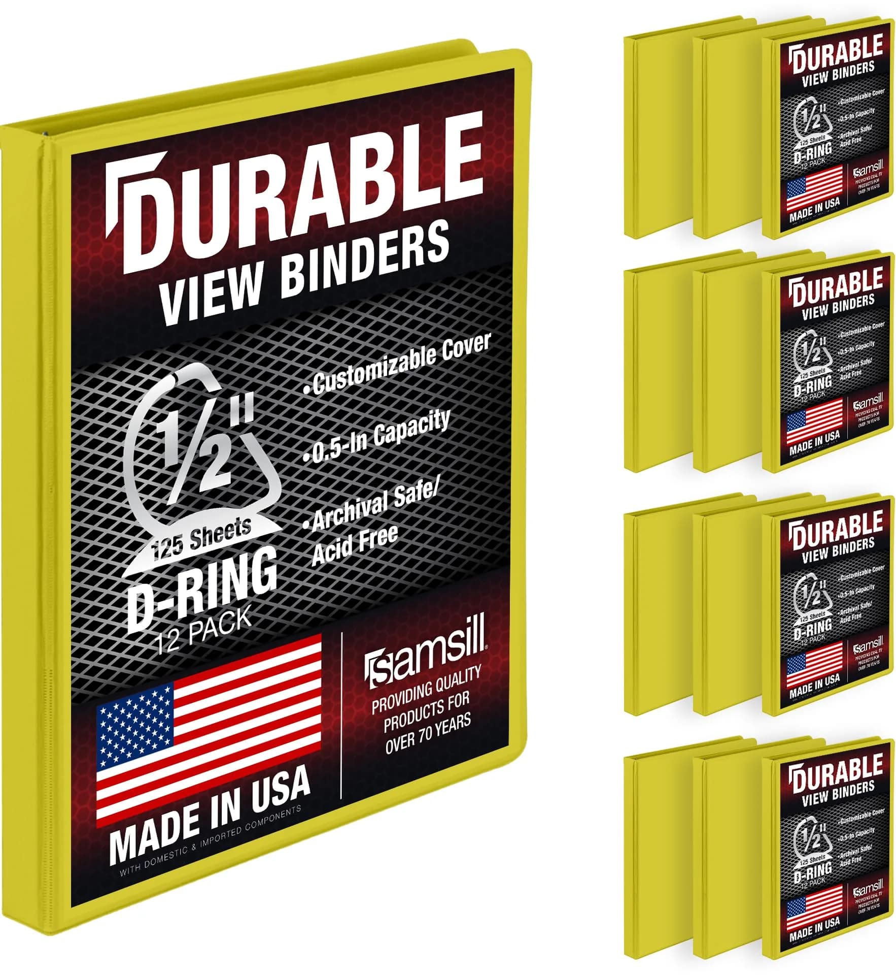 Samsill Durable 1.3cm (0.5 Inch) 3 Ring D-Ring Binder, Yellow, 12 Pack | Recycled Chipboard, Lay-Flat Spine - main product image