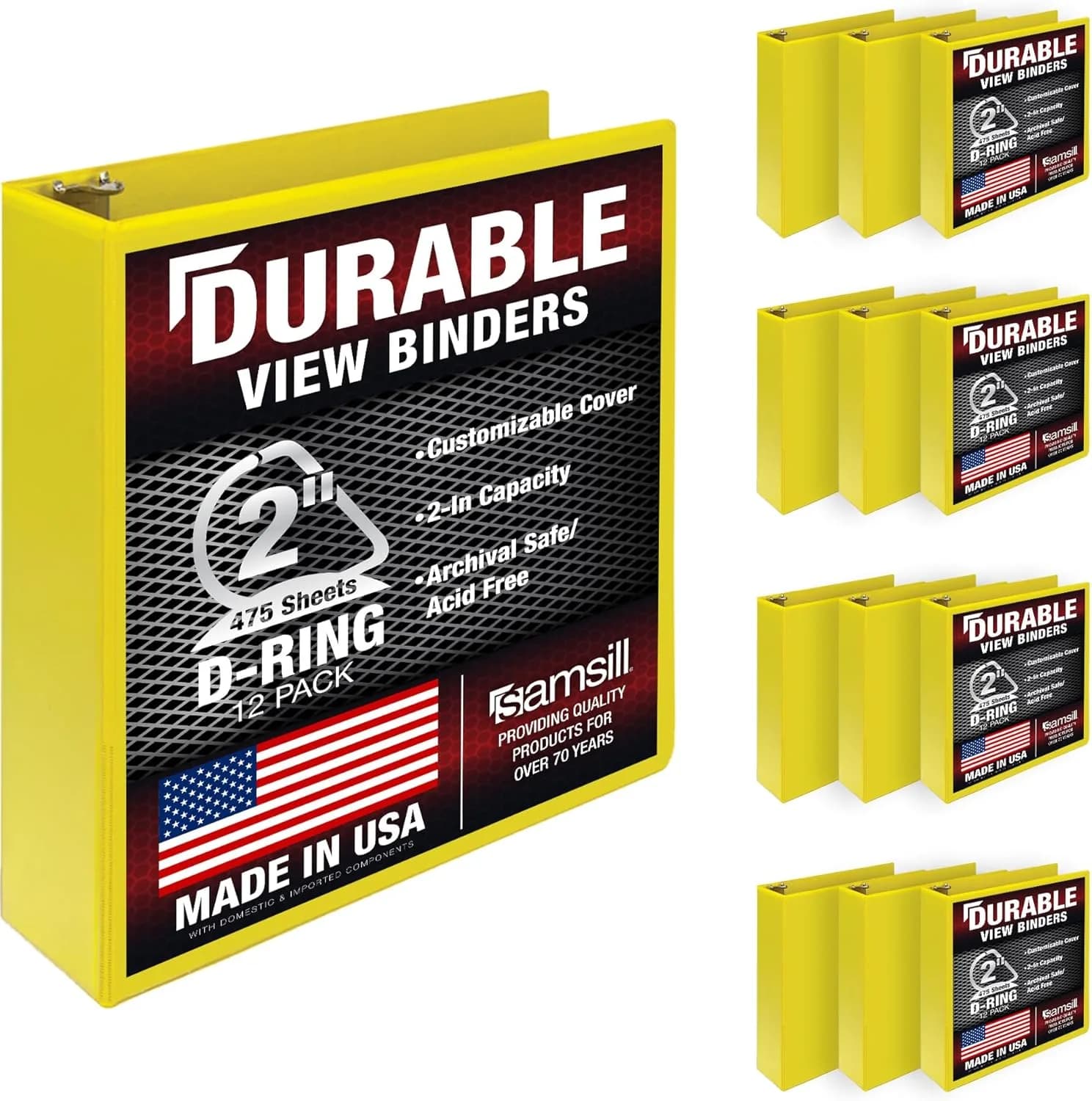 Samsill Durable 5.1cm (2 inch) 3 Ring Binder, D Ring Binder, 12 Pack Yellow | Recycled Chipboard for Office & School - main product image