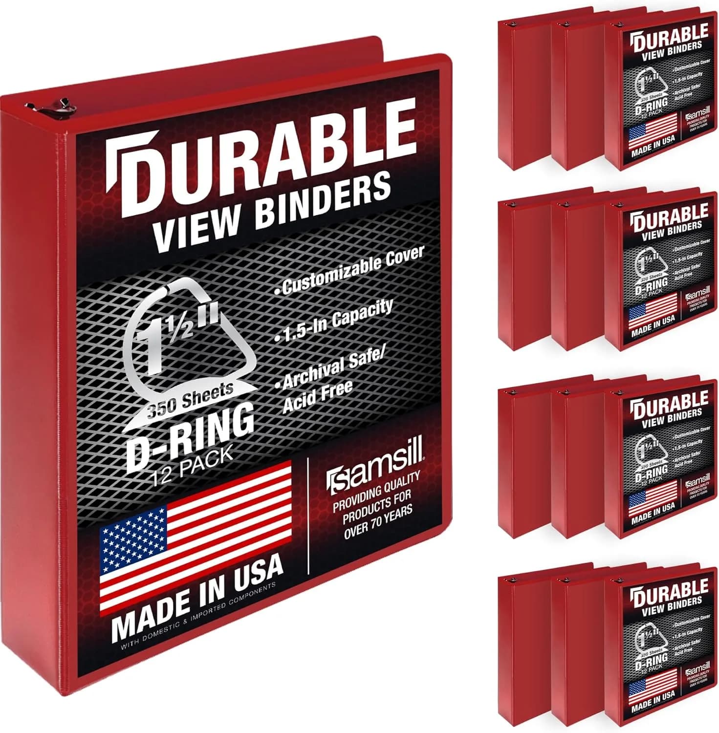 Samsill 3.8cm (1.5 inch) 3 Ring D-Ring Binder, 12 Pack Red | Heavy Duty Recycled Chipboard - main product image