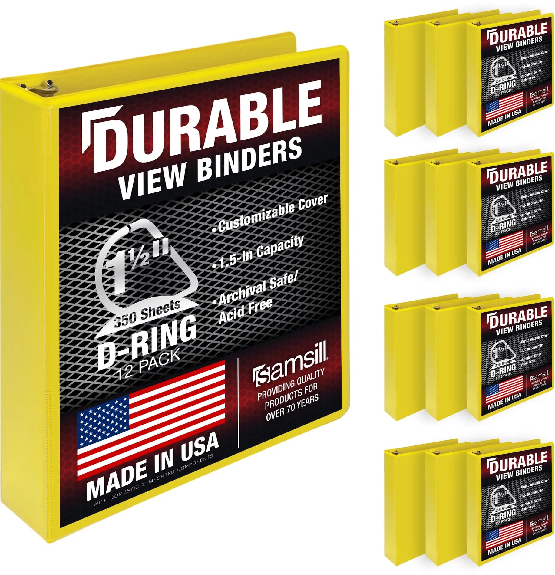 Samsill 3.8cm (1.5 inch) 3 Ring D-Ring Binder, Yellow, 12 Pack | Recycled Chipboard, Holds 600 Sheets - main product image