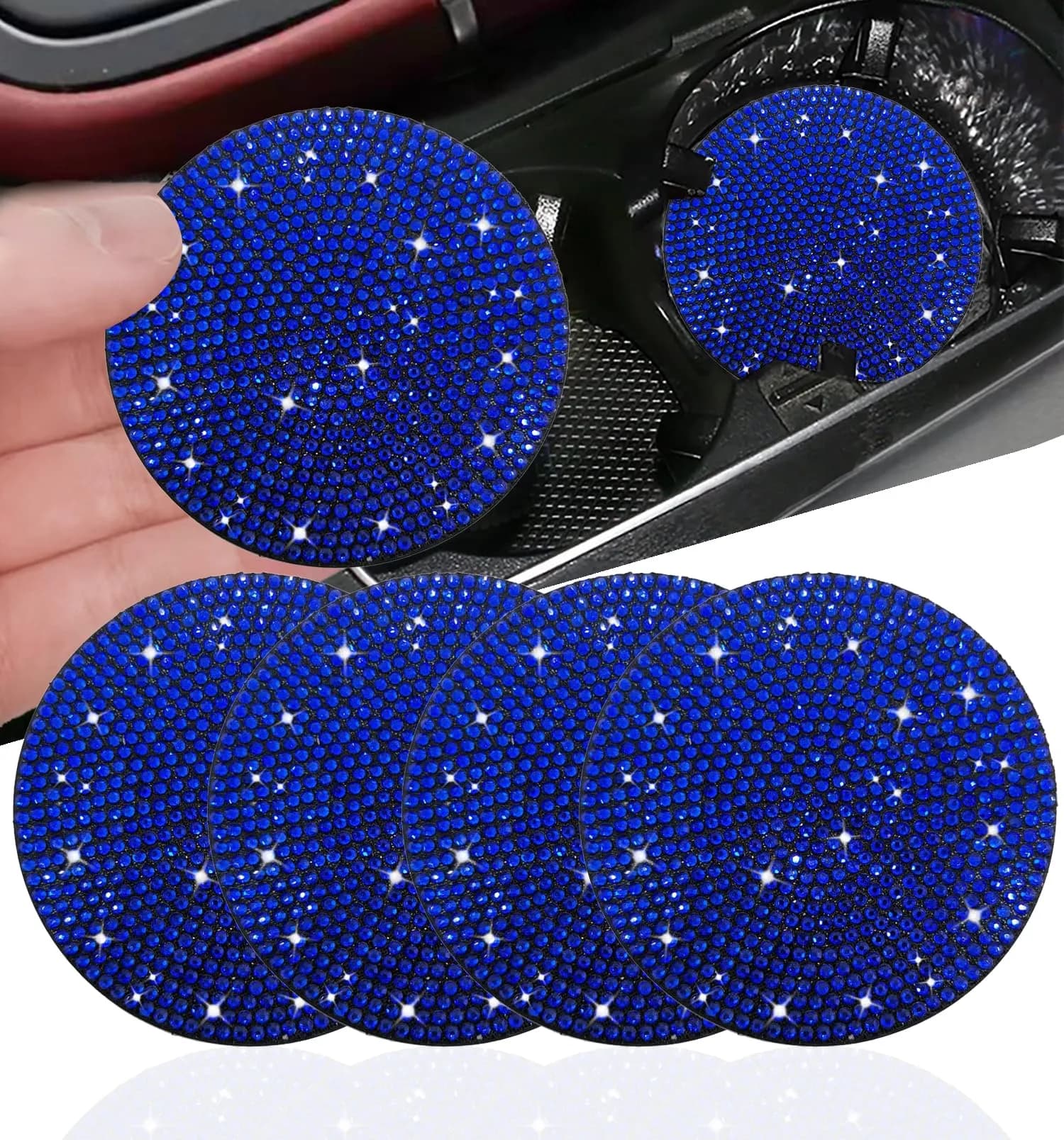 NBTEPEM Bling Car Cup Holder Coasters 2.75 inch (4 pcs, Blue) | Sparkle & Protect Your Car Interior - main product image