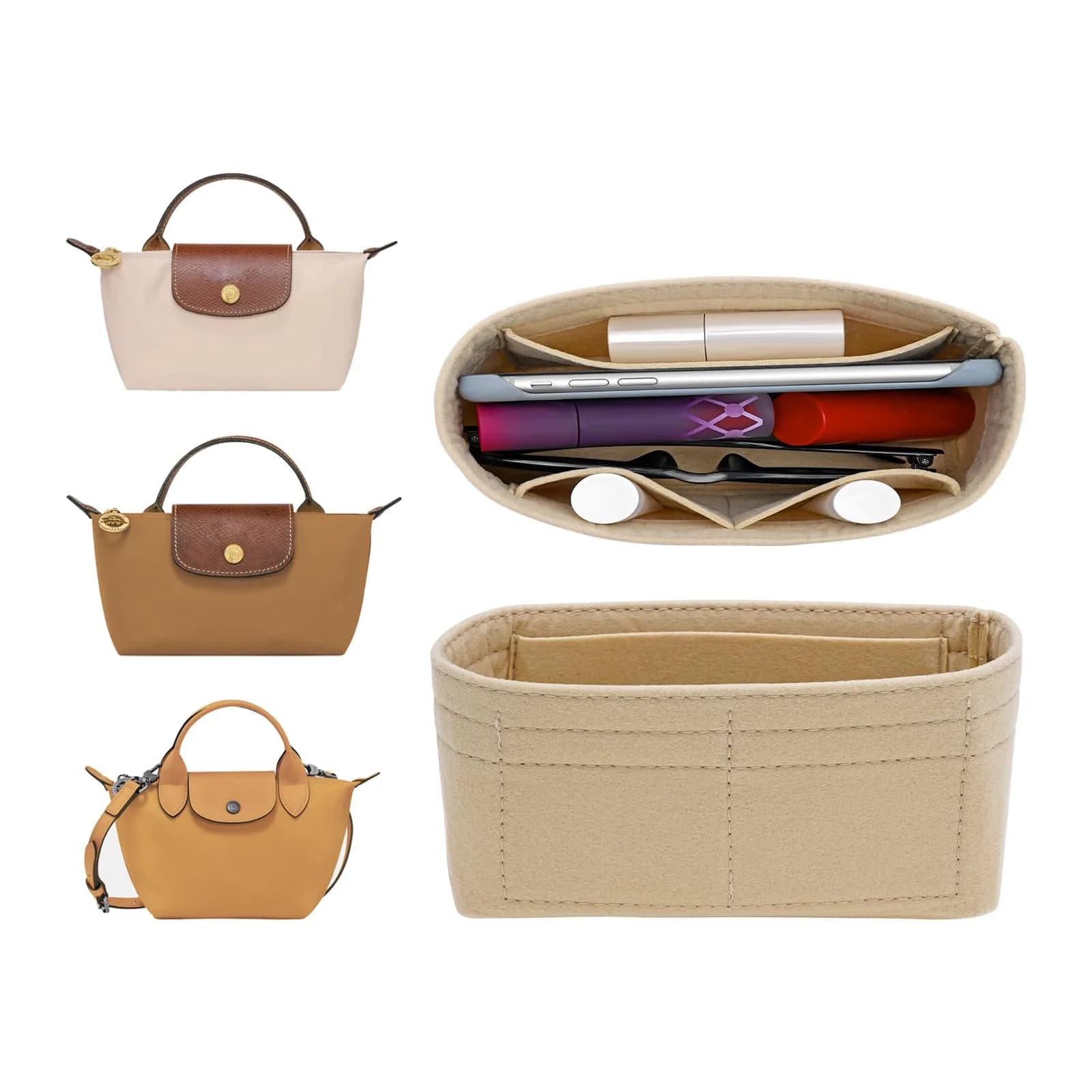 LOUKAYCCI Felt Purse Organizer Insert for Longchamp Le Pliage Mini | Lightweight Felt, 3 Compartments, Fits XS Bags - main product image