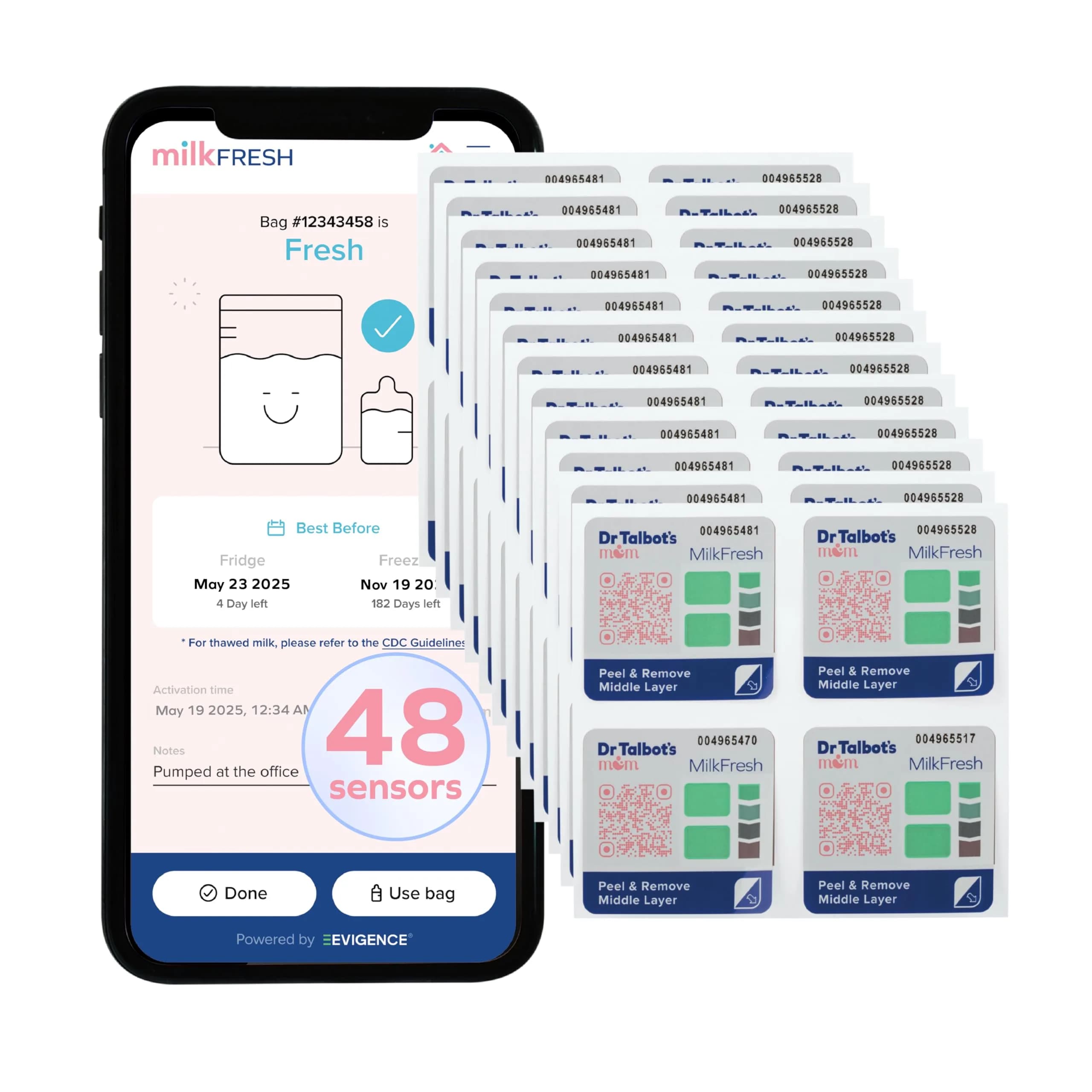 Dr. Talbot's Mom MilkFresh Breastmilk Freshness Sensors (48-Count) | App-Enabled Temperature & Time Monitoring - main product image