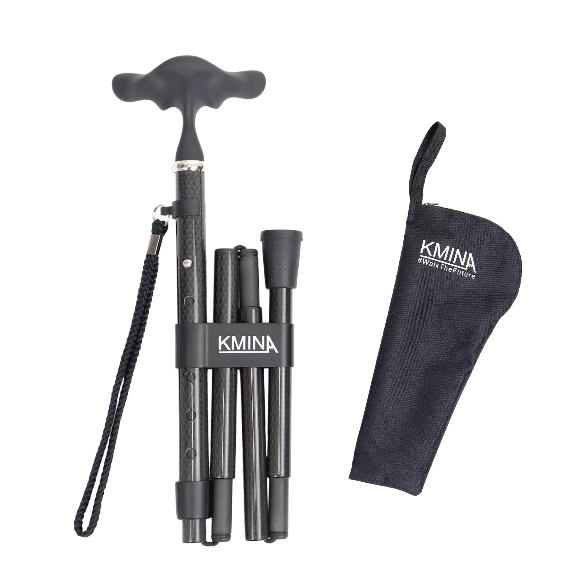 KMINA Folding Cane with Ergonomic Grip, Carbon Fiber, Adjustable, Black | Lightweight & Supportive for Daily Use