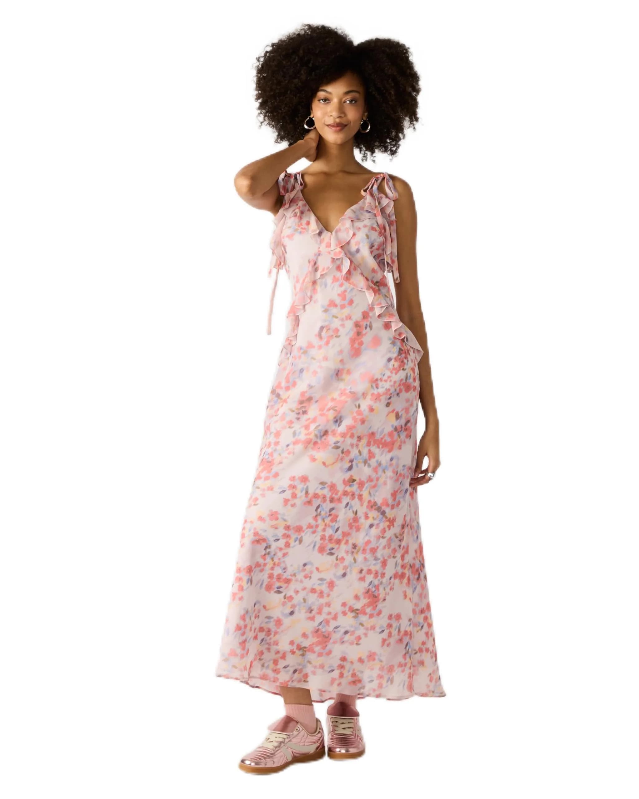 Steve Madden Adalina Dress Dusty Lavender | V-Neck Maxi with Ruffle Detail (53.5 inches)