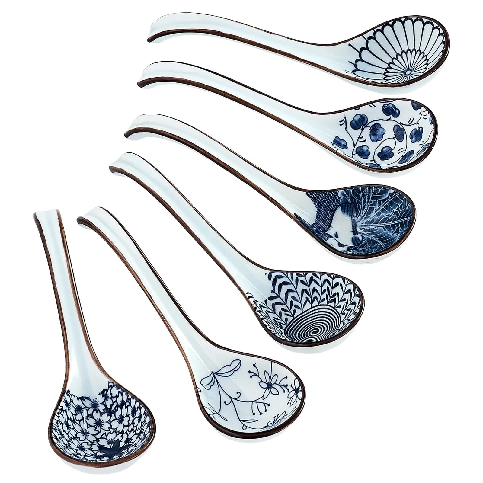 Hoilse Ceramic Asian Soup Spoons Set of 6 - Blue, 16.3cm (6.4 inch) | Blue & White Porcelain with Long Handle