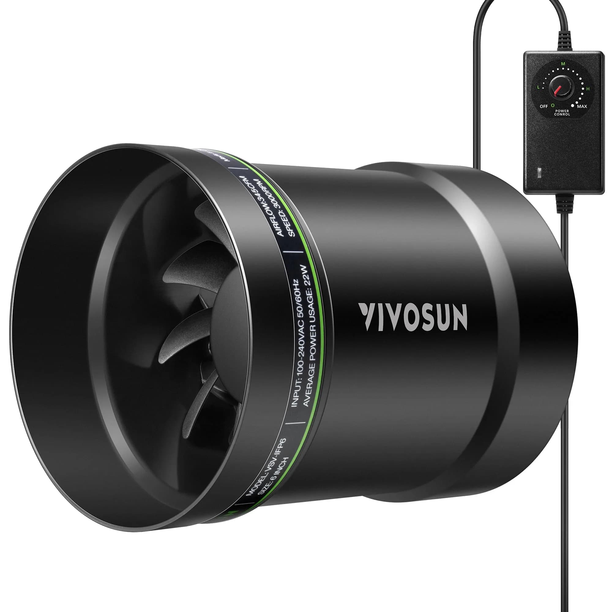 VIVOSUN P6 6" Inline Duct Fan with Speed Control 345 CFM Exhaust Fan | 15.24cm (6") Black - main product image