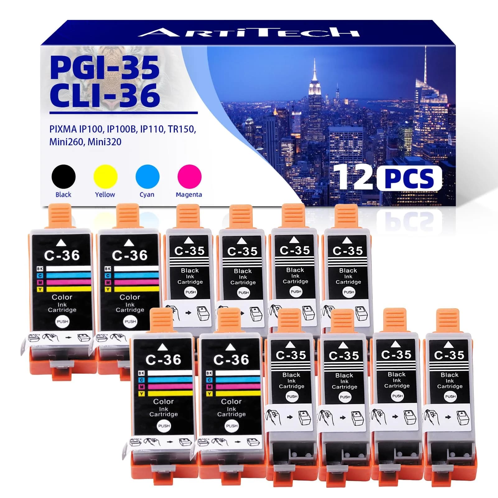 ARTITECH PGI-35 CLI-36 Ink Cartridges 12-Pack Compatible for Canon Pixma Printers | High Page Yield & Vivid Output - main product image