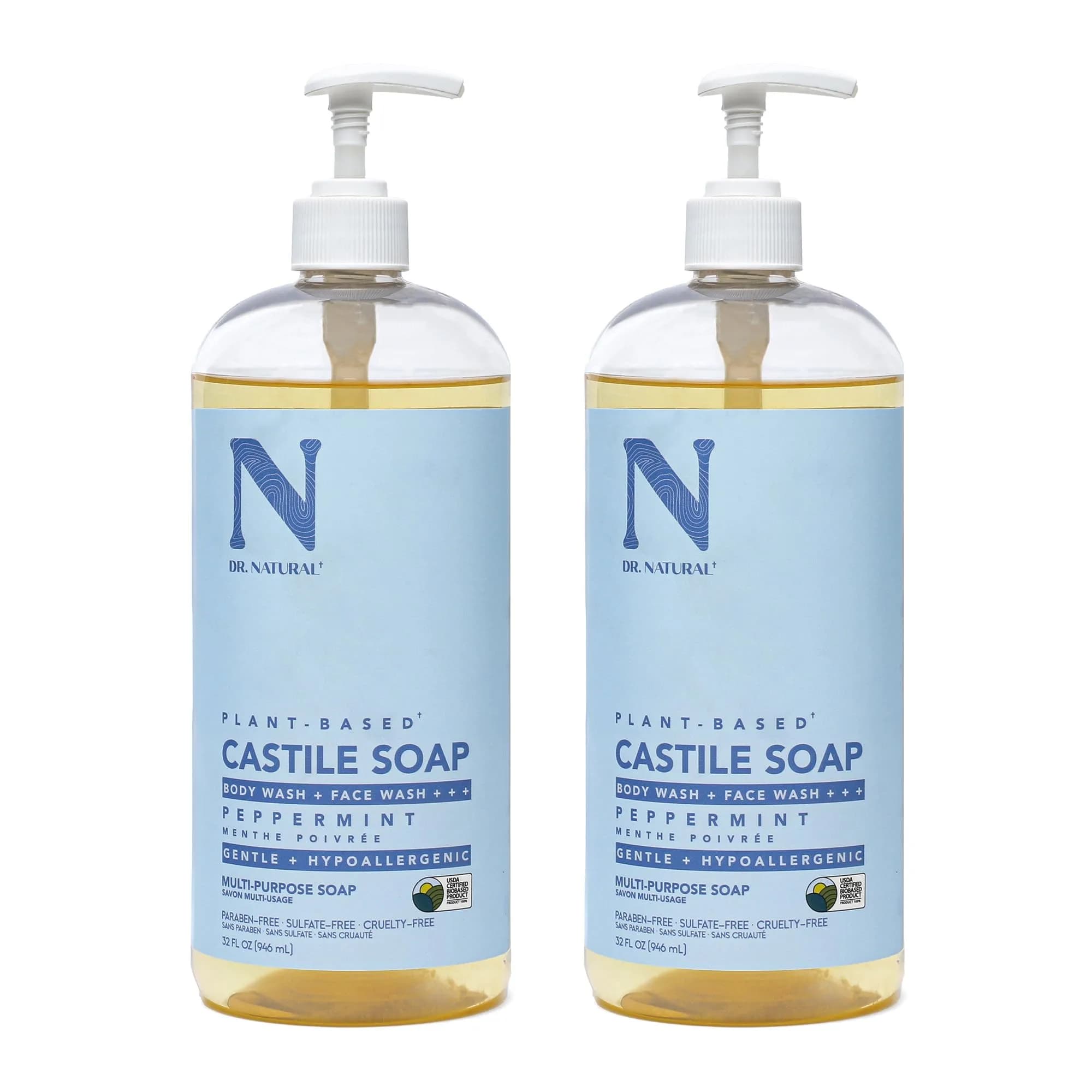 Dr. Natural Castile Liquid Soap - Peppermint 32 oz | Multi-Purpose Skin & Hair Cleanser — Peppermint 32 oz