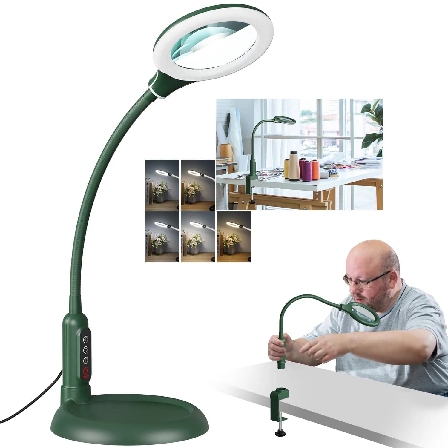 RackydigPro 12X Magnifying Glass with Light and Stand | 3.75-inch Glass, 5 Color Modes, Brightness Stepless Dimming, Hands-Free Desk Lamp, Green