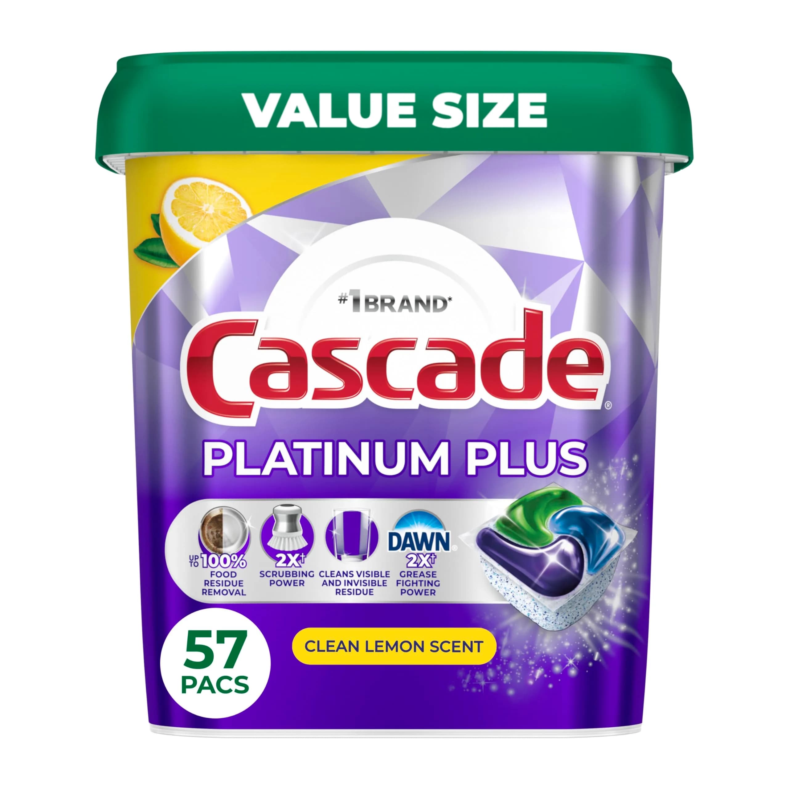 Cascade Platinum Plus Dishwasher Pods, Lemon Scent, 57 Count (57 Loads) | 100% Food Residue Removal - main product image