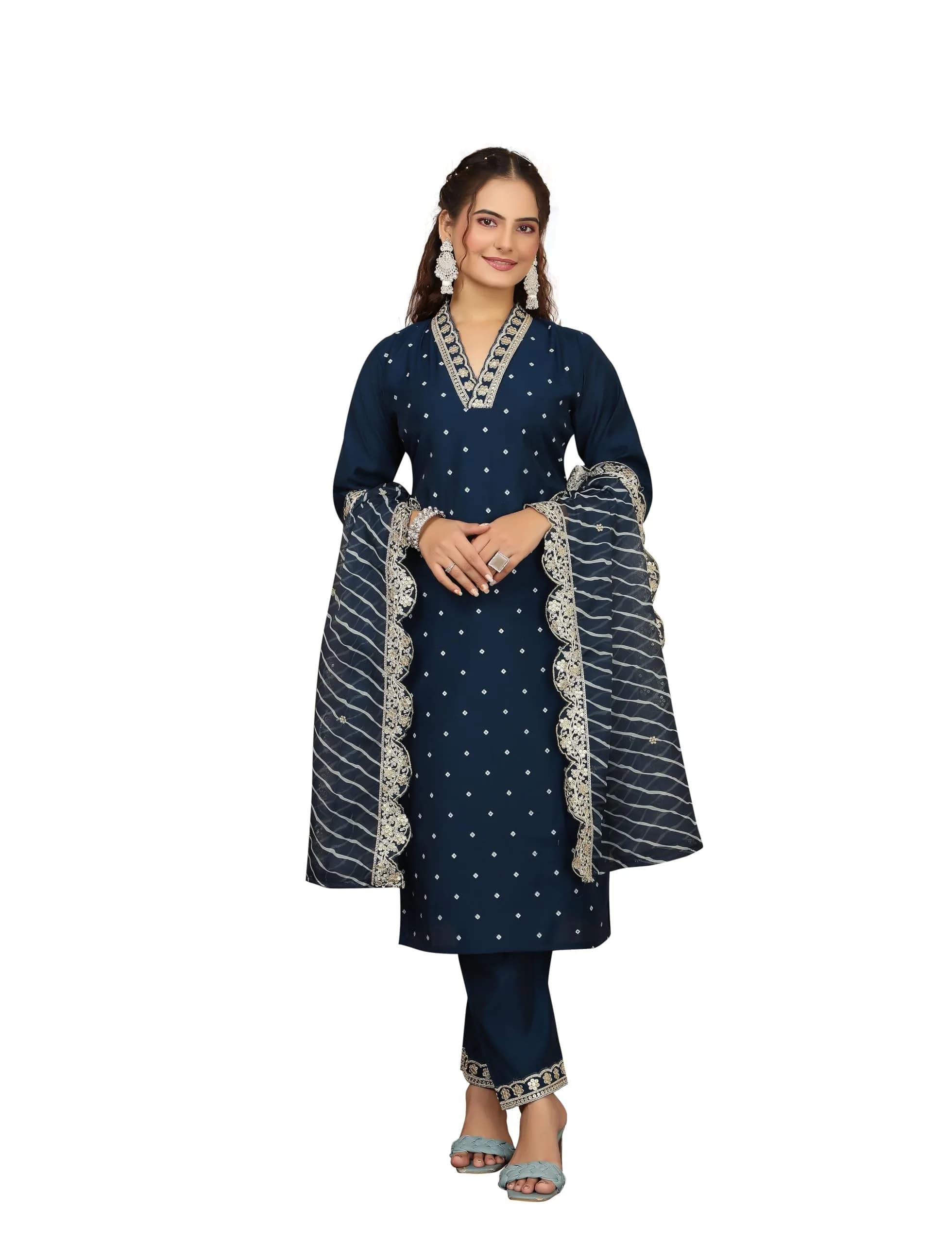 Yashika Women's Silk Blend Kurta Pant Set with Mal Cotton Dupatta, Light Brown::Blue, S | Elegant Indian Ethnic Wear - main product image