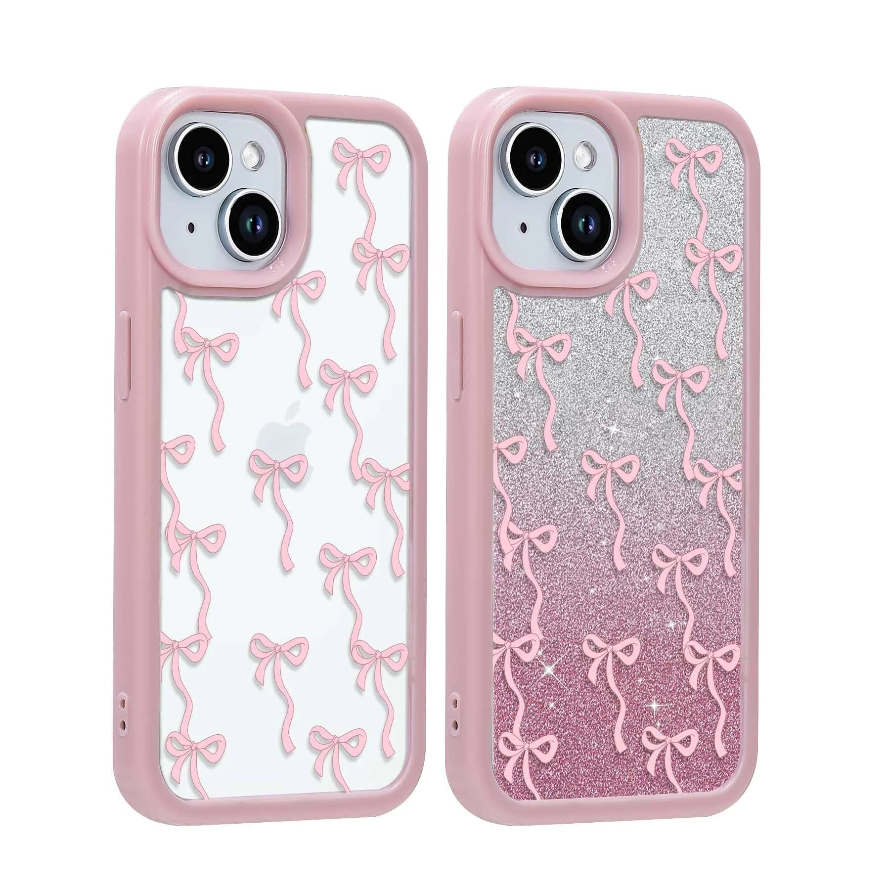 Yetagso Bow Case for iPhone 15 Plus & 14 Plus | Slim Fit Pink Glitter Bow Phone Cover