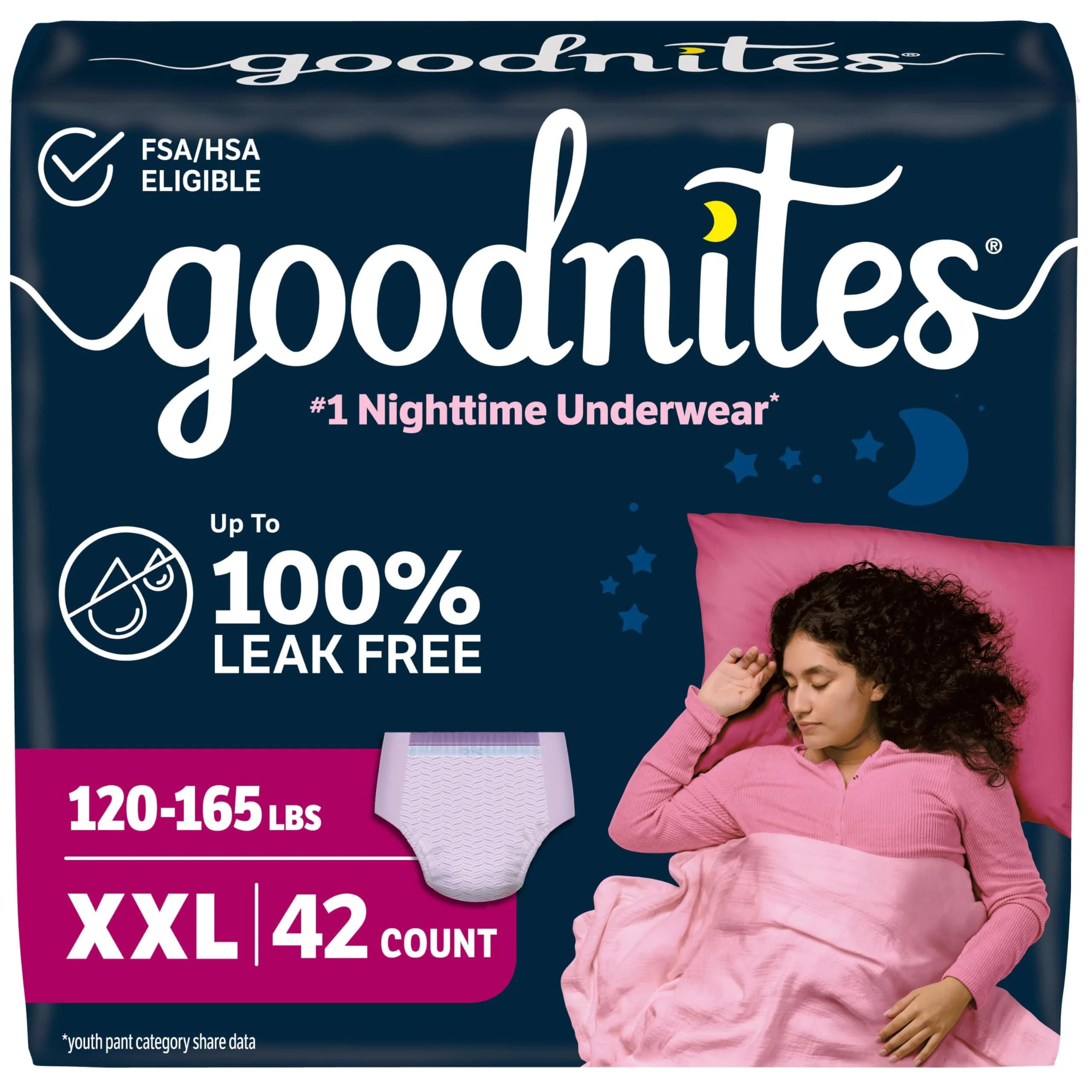 Goodnites Girls' Nighttime Underwear XXL (120-165 lbs) | Leak-Free Protection for Confident Nights - main product image