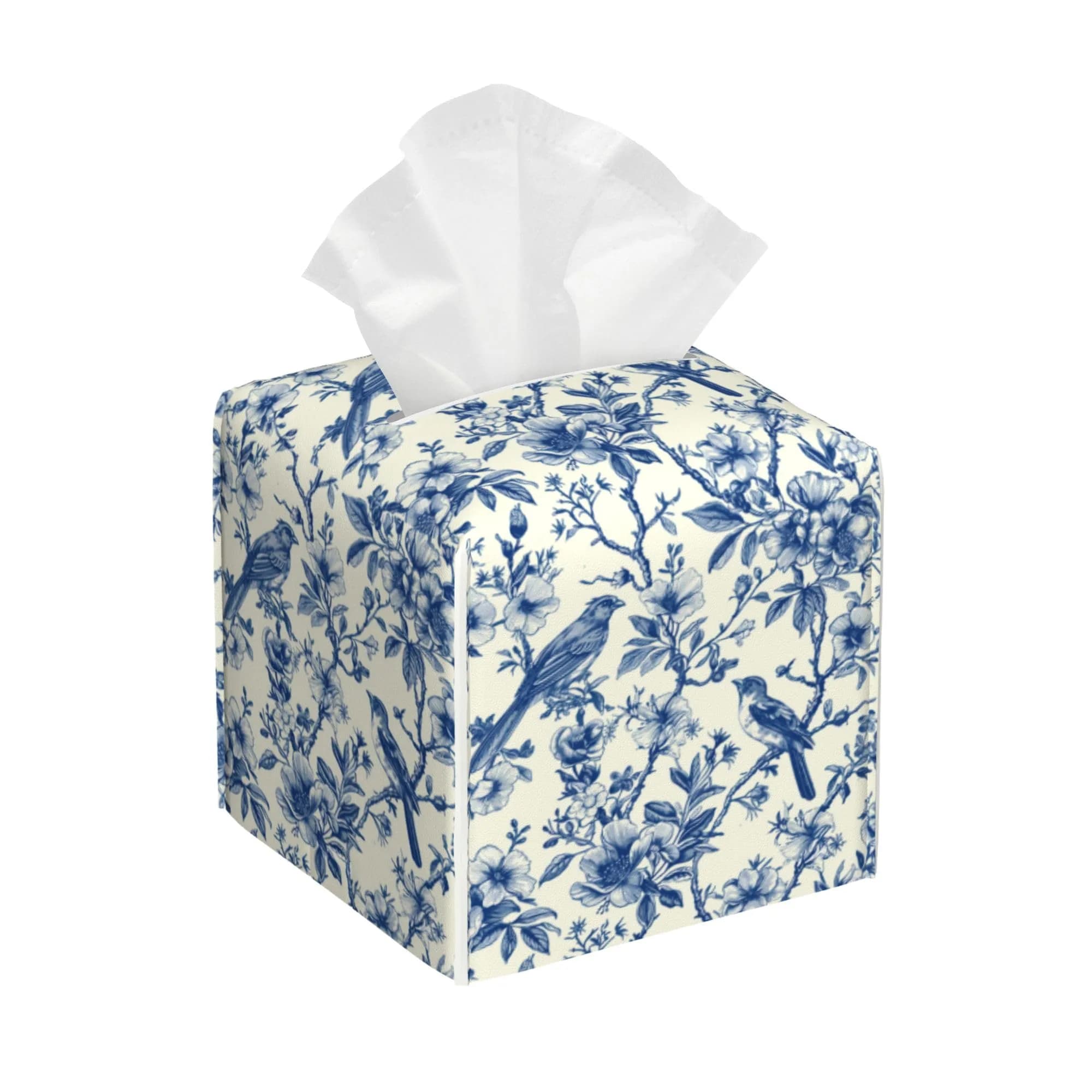QCBBIRC Tissue Box Cover Square | Vintage Floral & Blue Bird Waterproof Leather (5.2" x 5.2" x 5.2")