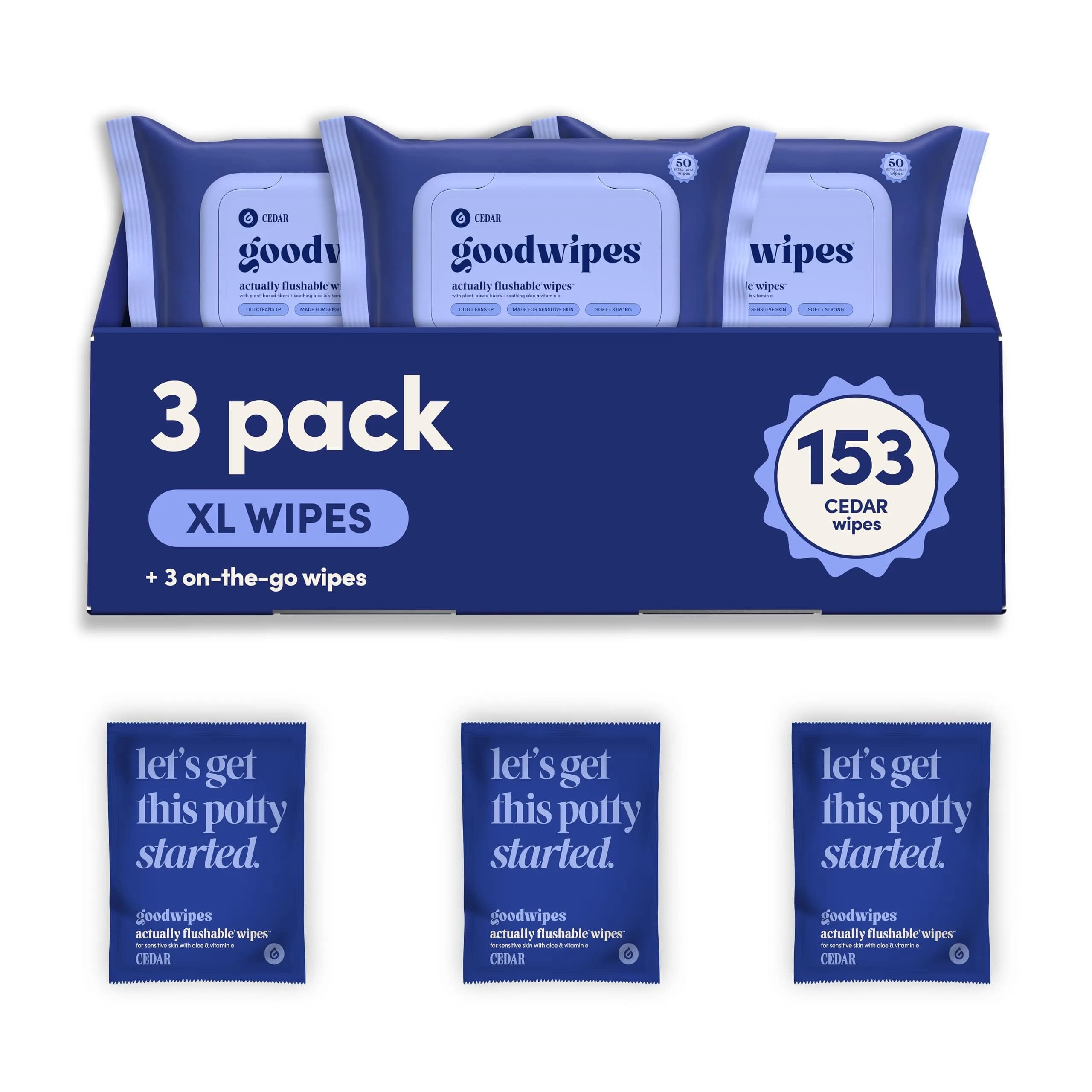 goodwipes Flushable Wet Wipes for Adults, Cedar Scent, pH Balanced & Extra Large, 153 Count (3 Packs + 3 Singles) - main product image