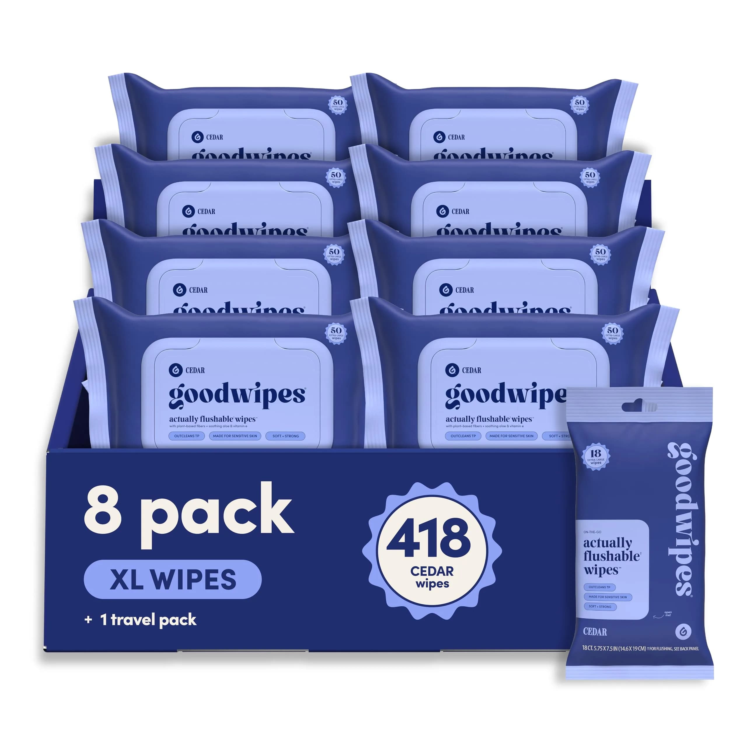 goodwipes Flushable Adult Wet Wipes Bulk Pack, Cedar Scent, 418 Count | Sewer & Septic Safe Bathroom Essentials - main product image