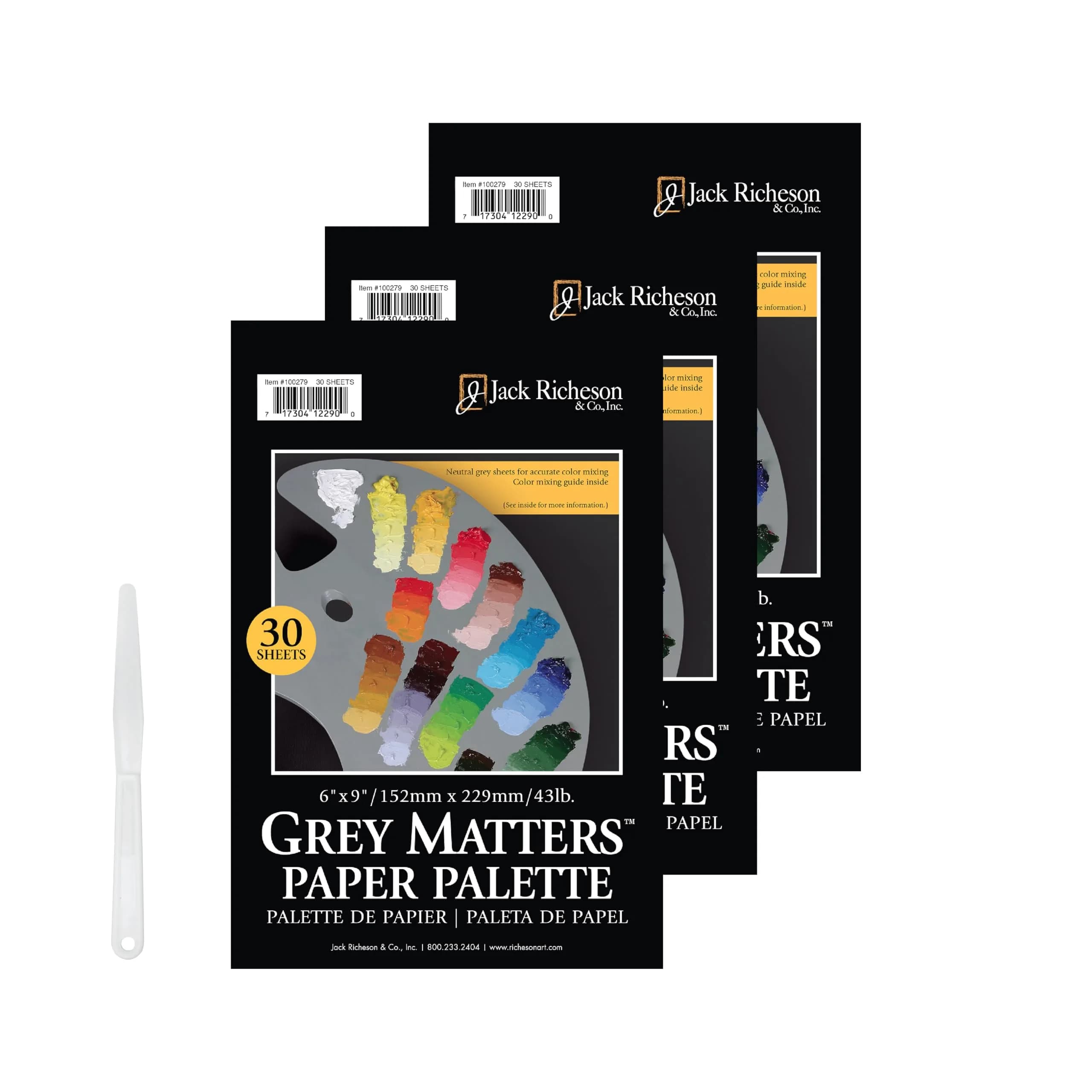 Jack Richeson Grey Matters Disposable Paper Palette 6” x 9” | Acid-Free, Seep-Resistant, 3 Pack with Palette Knife
