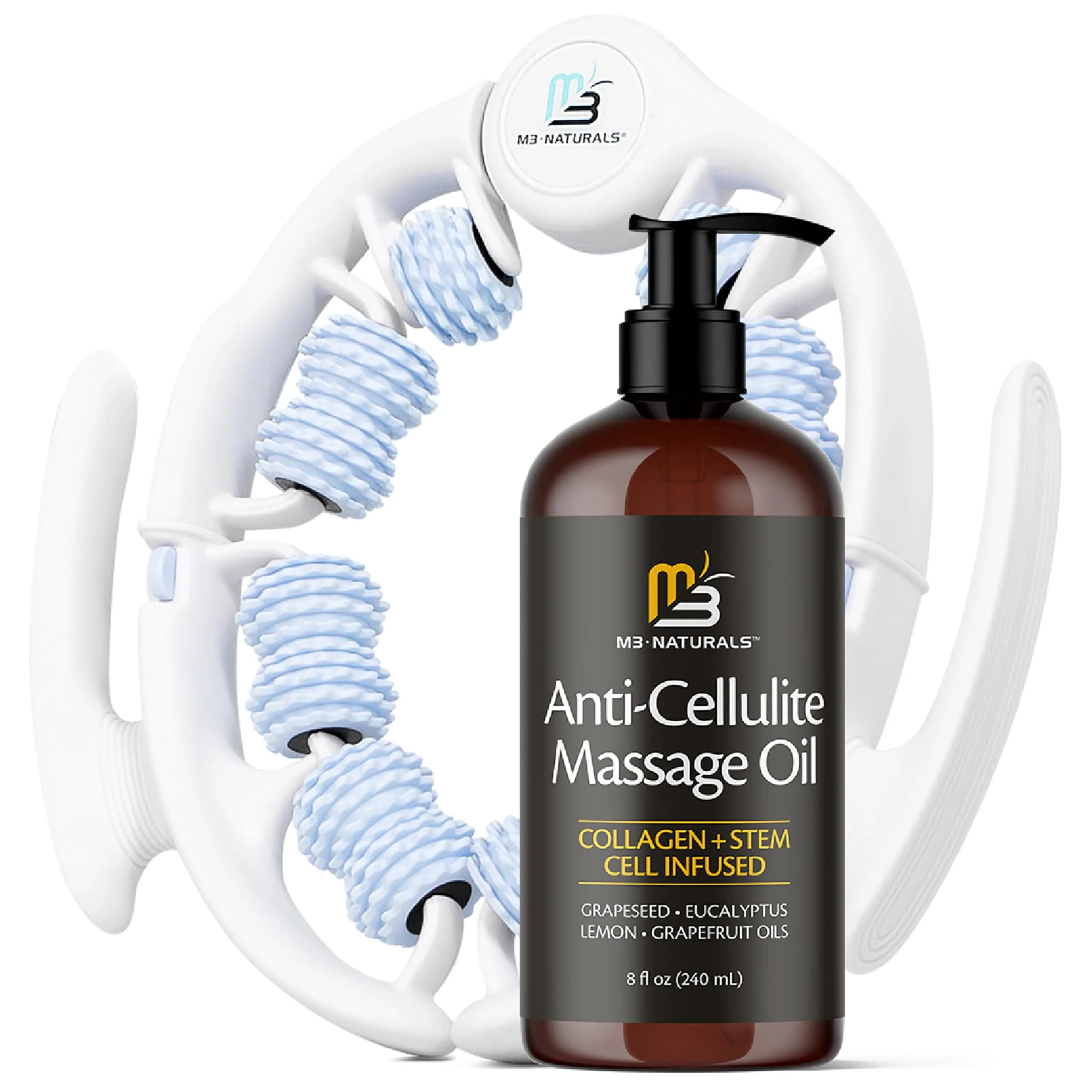 M3 Naturals Anti Cellulite Oil & Lymphatic Drainage Massager Kit | 8 fl oz (237 ml) | Smoother Skin - main product image