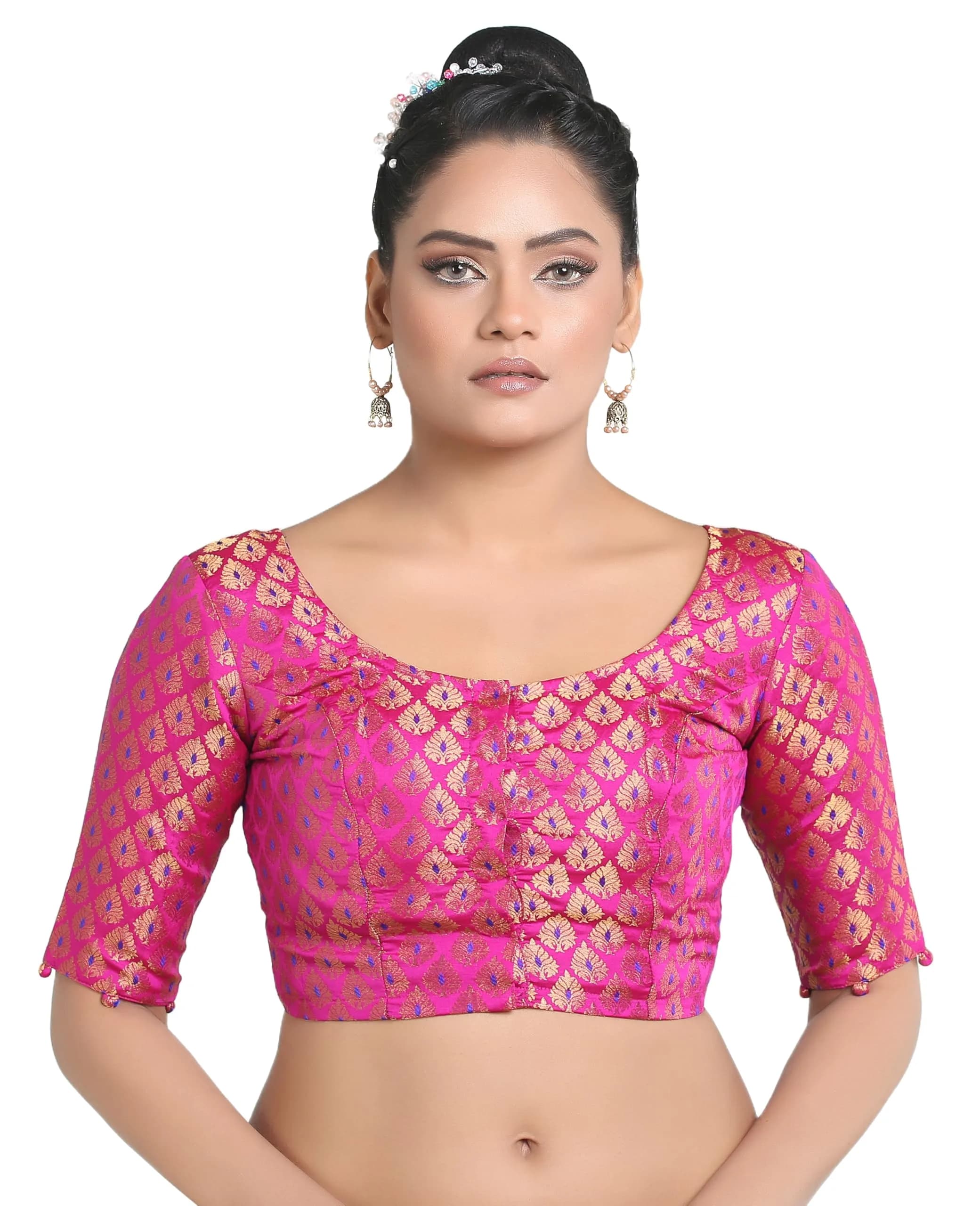 Madhu Fashion Brocade Saree Blouse Pink | Elegant, Non-Padded, Cotton Lined (42) - main product image
