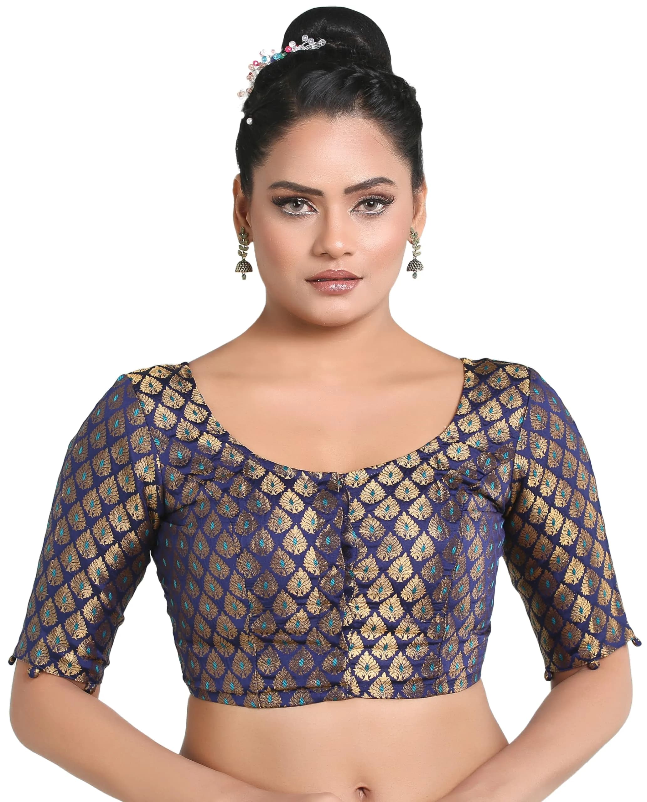 Madhu Fashion Brocade Elbow Length Sleeves Saree Blouse | Navy Blue, Size 32 - main product image