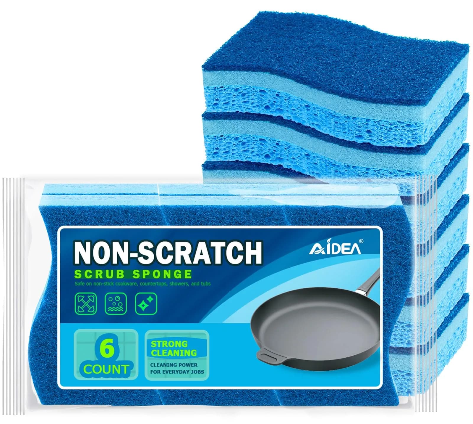 AIDEA Non-Scratch Scrub Sponges with Scouring Pad, 6-Count, Light Blue | Biodegradable Kitchen Cleaning Power - main product image