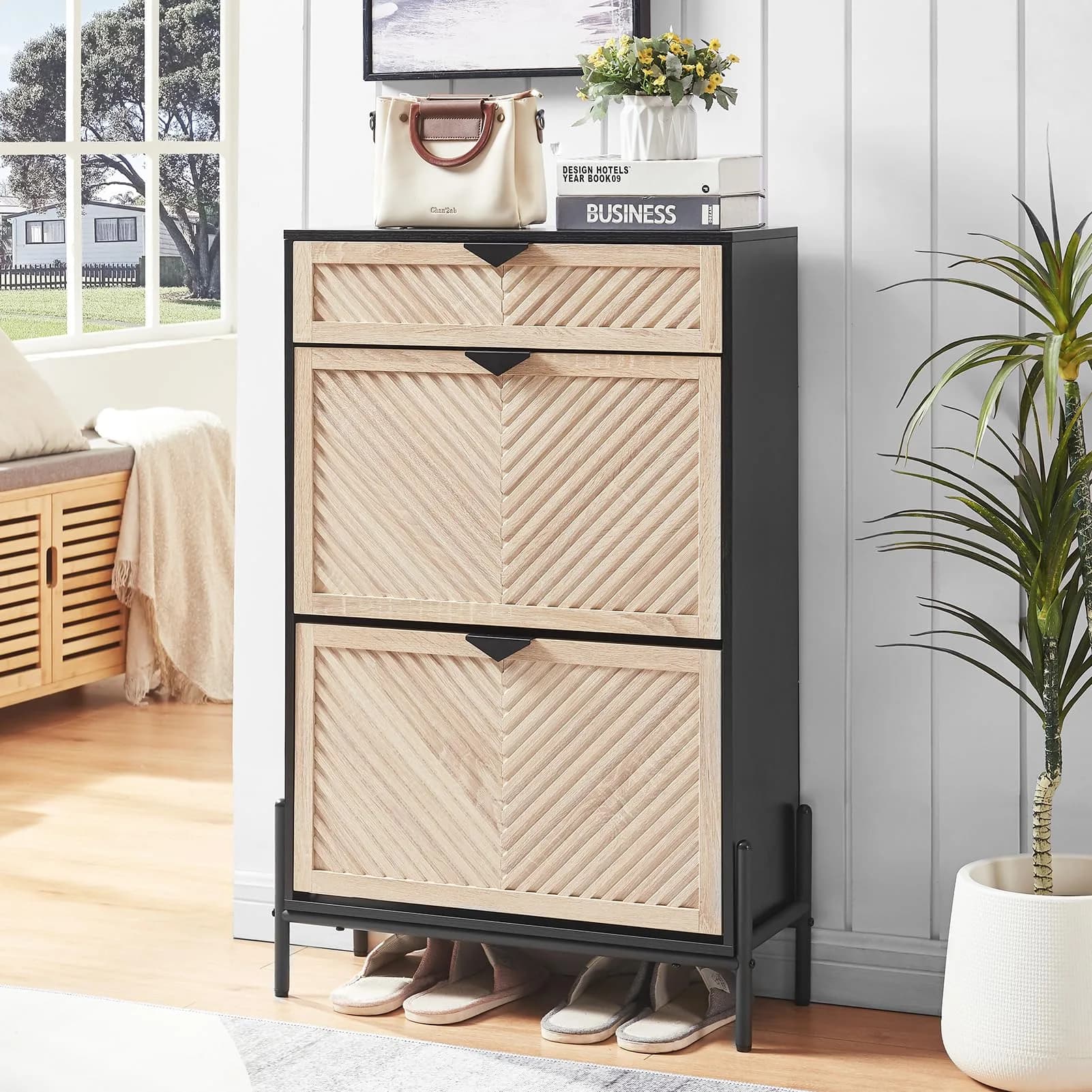 VIPLUMI Shoe Cabinet with 2 Flip Drawers | Narrow Entryway Rack in Black