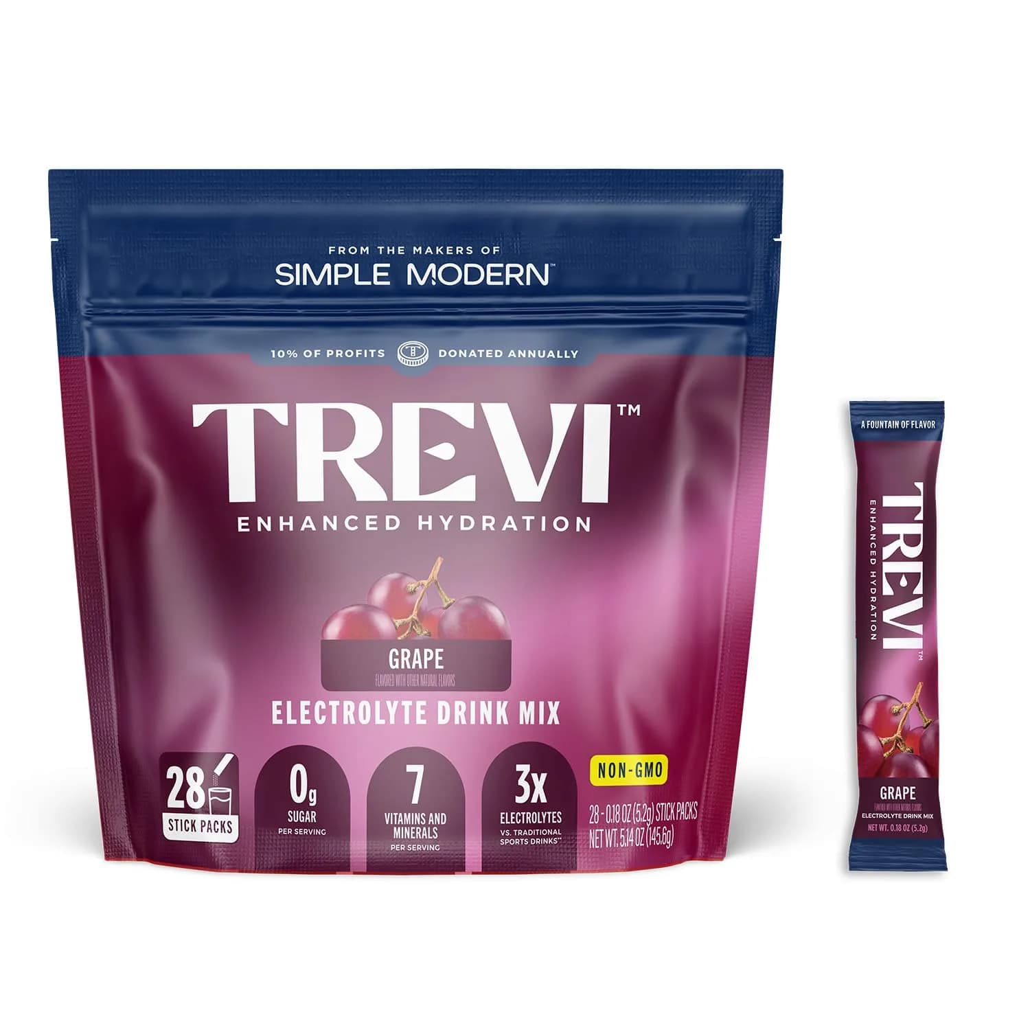 TREVI Everyday Sugar Free Electrolytes Drink Mix Hydration Powder Packets 28 Count Grape | Essential Hydration with 3x Electrolytes - main product image