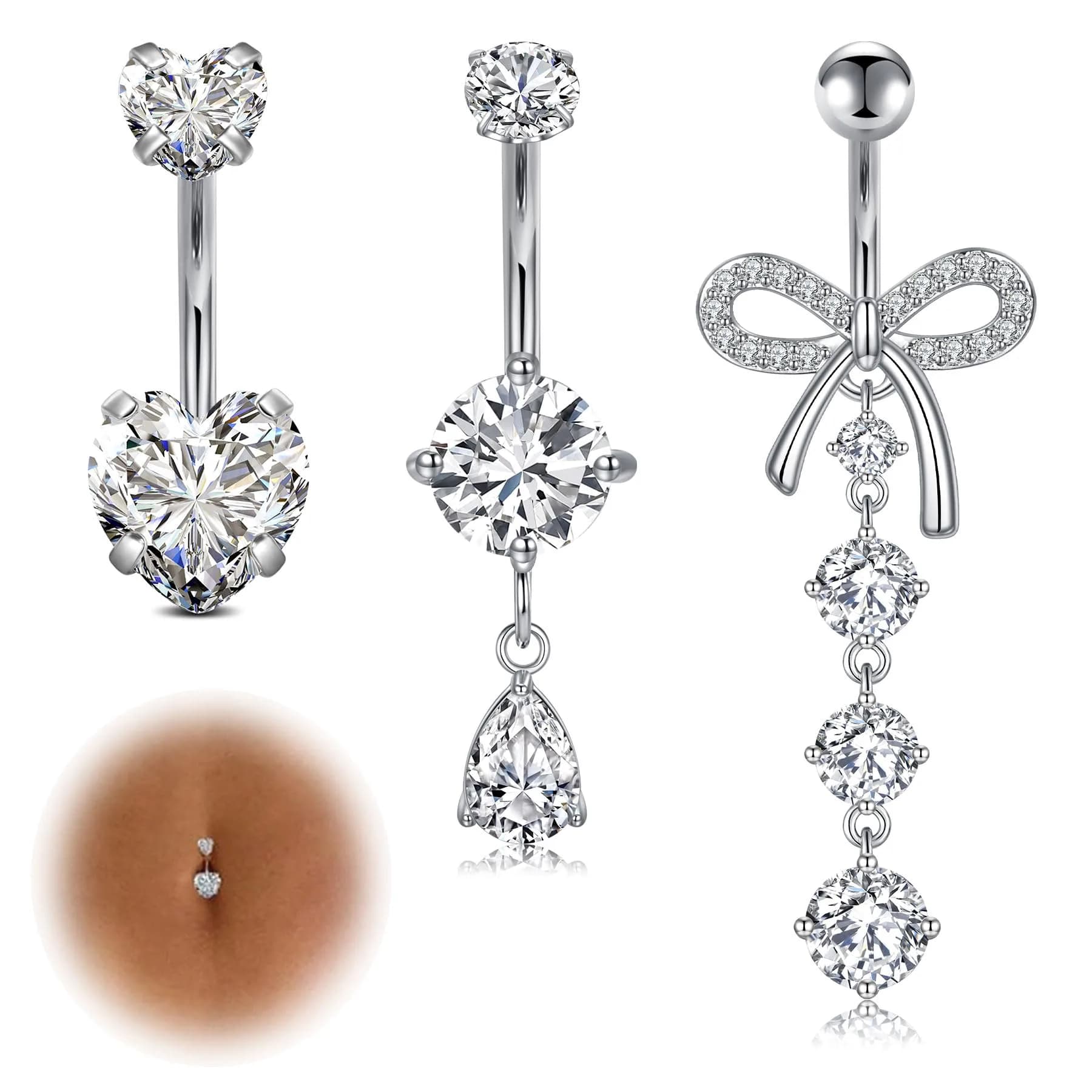 LAURITAMI 14G Belly Button Rings Surgical Steel Dangle Jewelry | Hypoallergenic & Dazzling CZ (14G, 10mm Bar)
