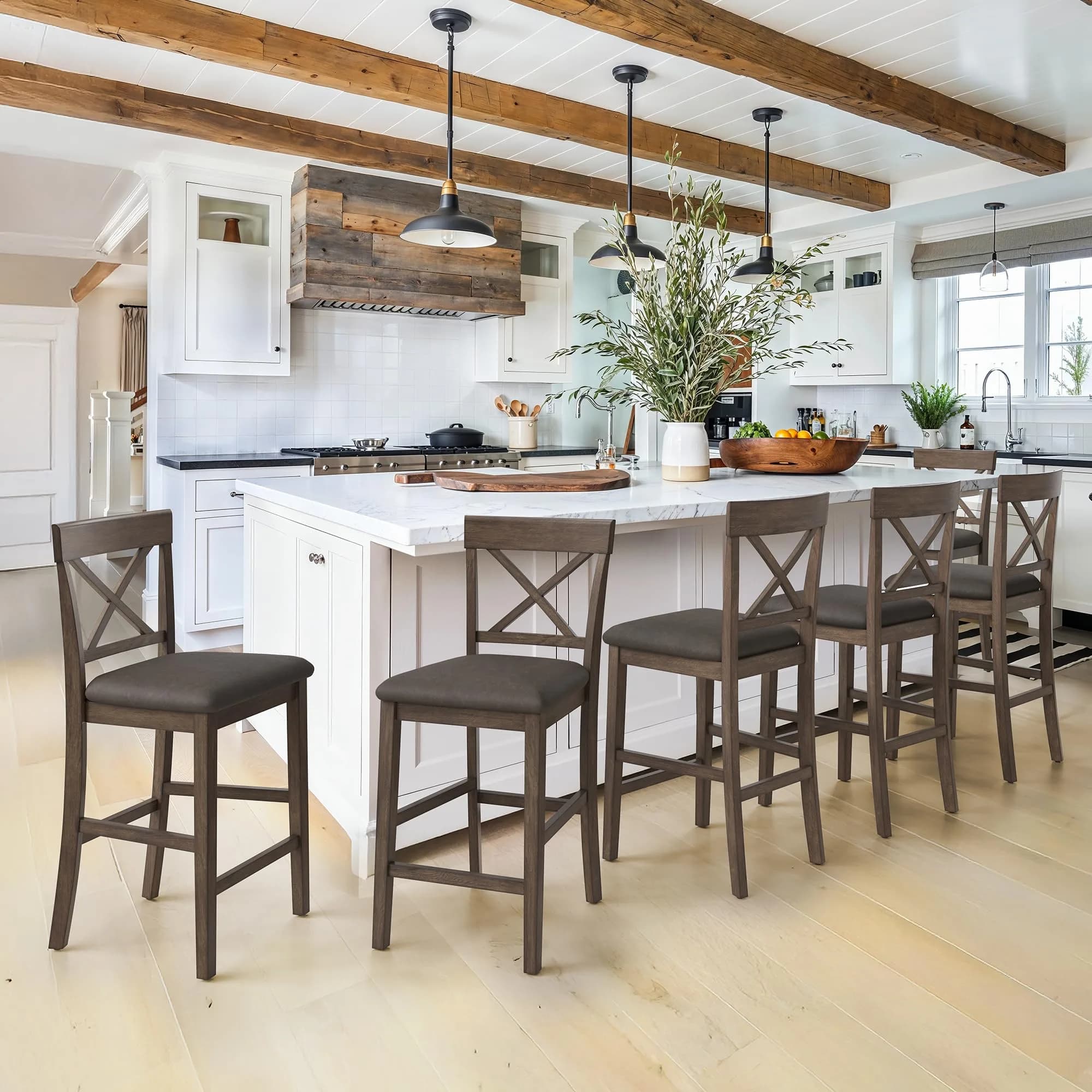 Cozyman Set of 6 Bar Stools 25.2" Rubber Wood X Back Brown Faux Leather | Elegant & Sturdy - main product image