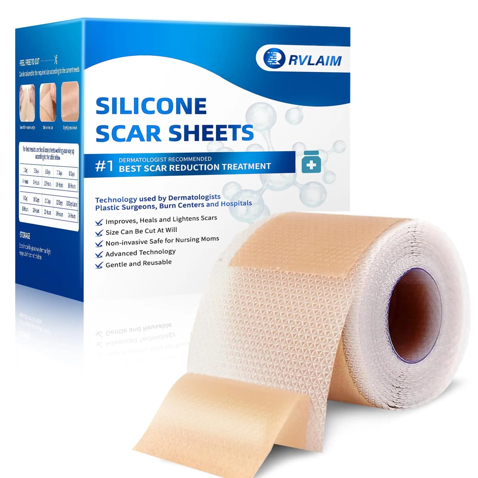 Rvlaim Silicone Scar Sheets for Surgical & Burn Scars, 3M, 1.6” x 120” Roll | Medical-Grade, Reusable & Hypoallergenic