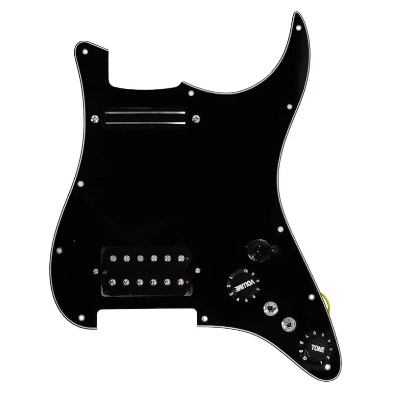 MAXCHEER Alnico 5 Prewired Strat Pickguard Coil Splitting Pickguard HH (Mini Humbucker+Humbucker) Loaded Pickguard (Black, SH) | Guitar Part - main product image