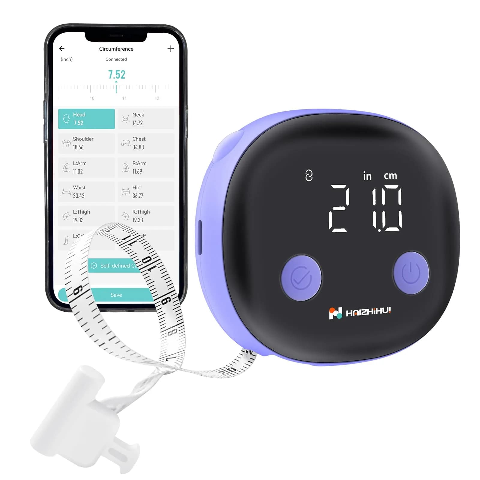 HAIZHIHUI Body Tape Measure Bluetooth Digital with LED, Type-C, 150cm/60in, Purple - main product image