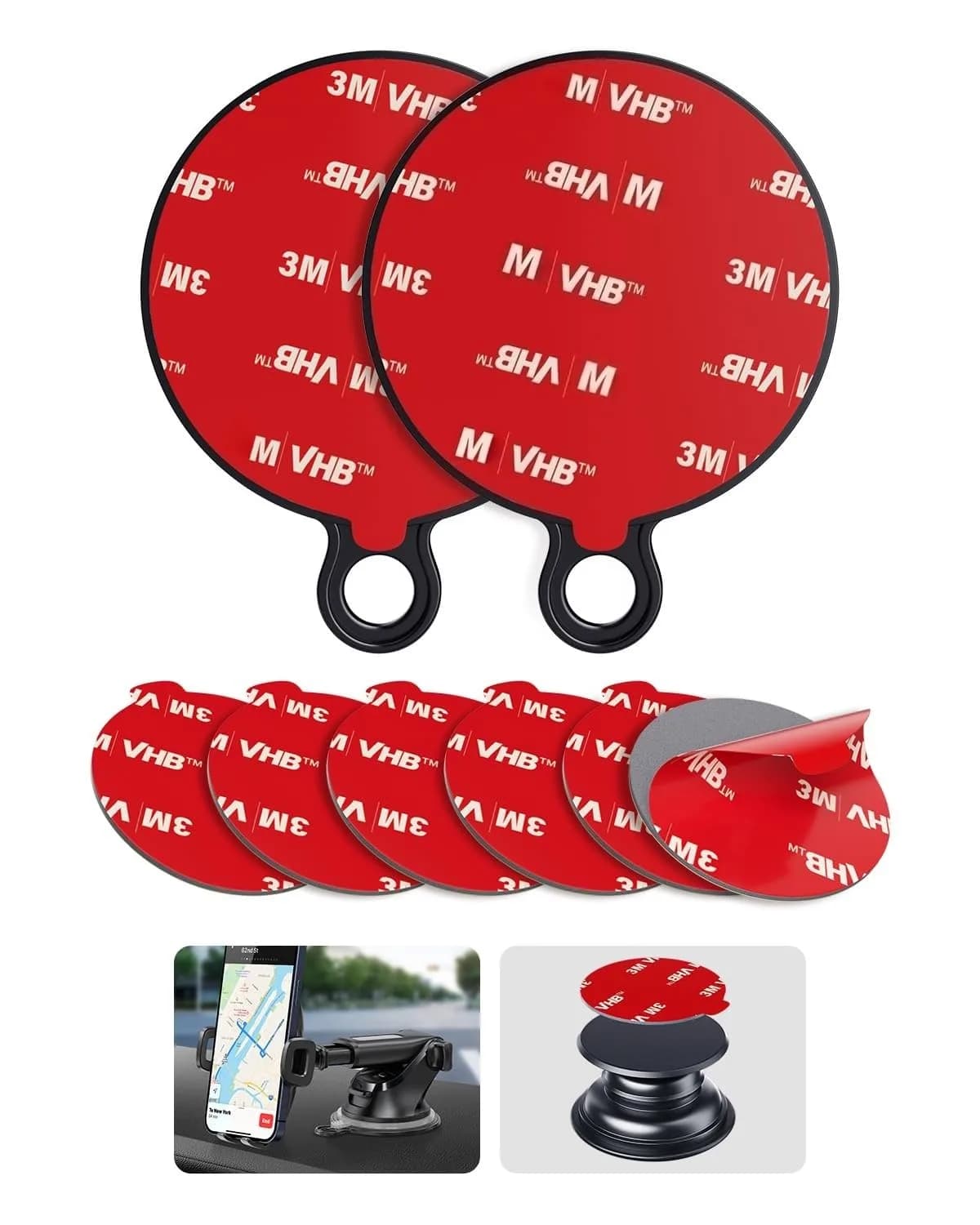 APPS2Car 3M Adhesive Pads 2pcs 70mm Round & 6pcs 35mm (2.9in x 2.9in) | Secure Mounts for Car Phone Holders & GPS - main product image