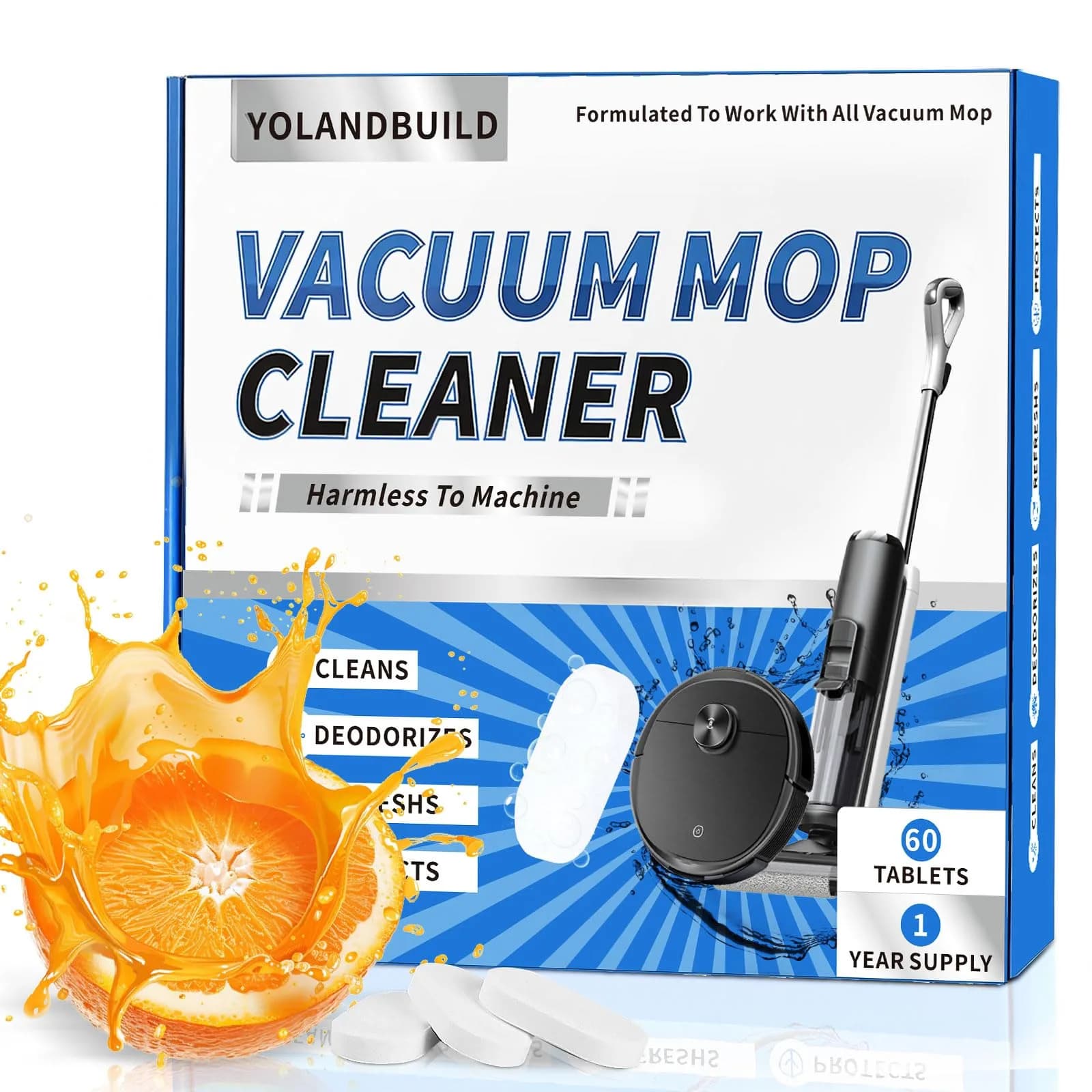 YoLandBuild Floor Cleaning Solution Tablet 60 Pack | Deep Cleans Hard Floors, Compatible with Tineco & More, Orange Scent