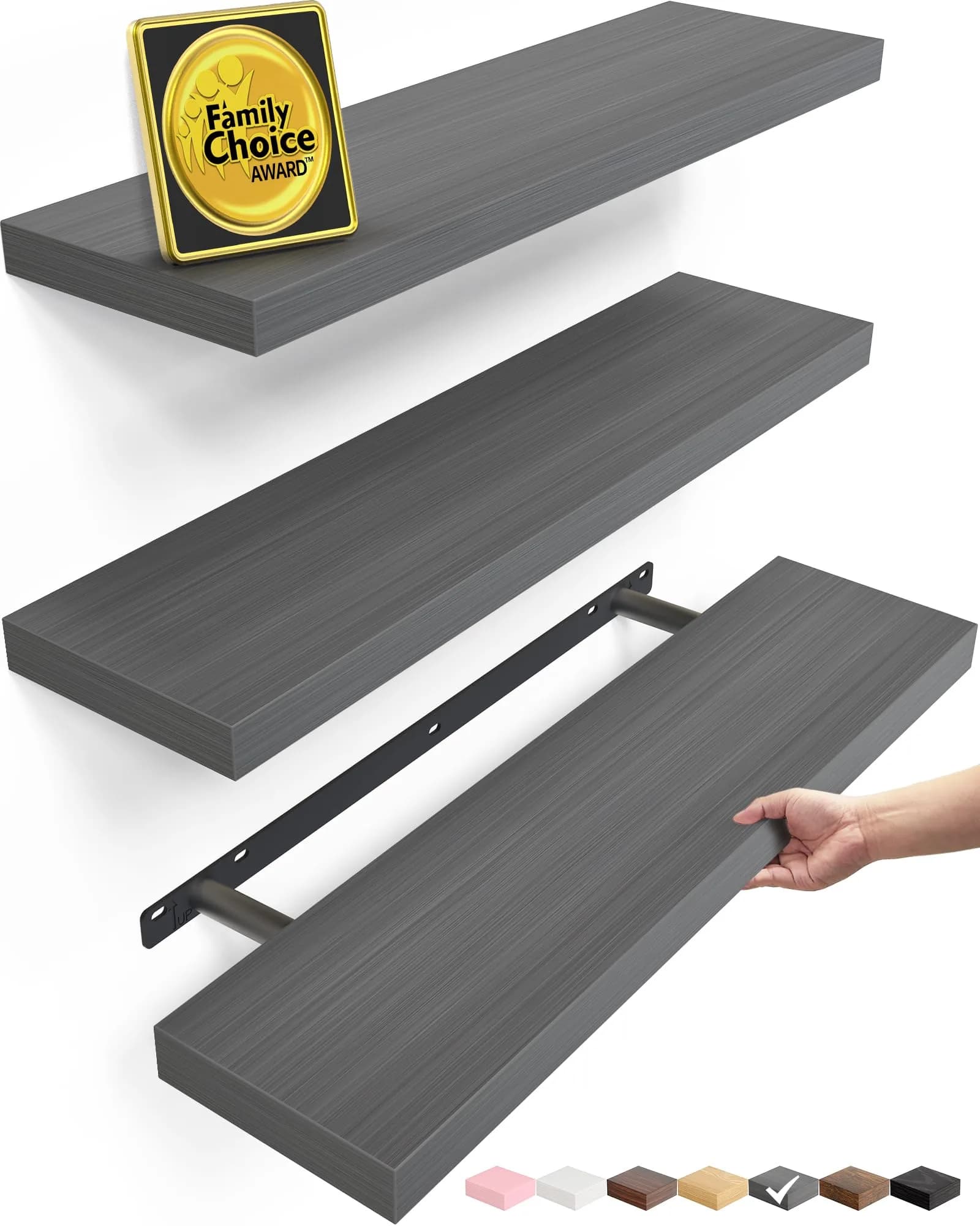 BAYKA Grey Floating Shelves 22.5in (57.15cm) x 6.7in (17.02cm) x 1.1in (2.79cm), Set of 3 | Modern Minimalist Style