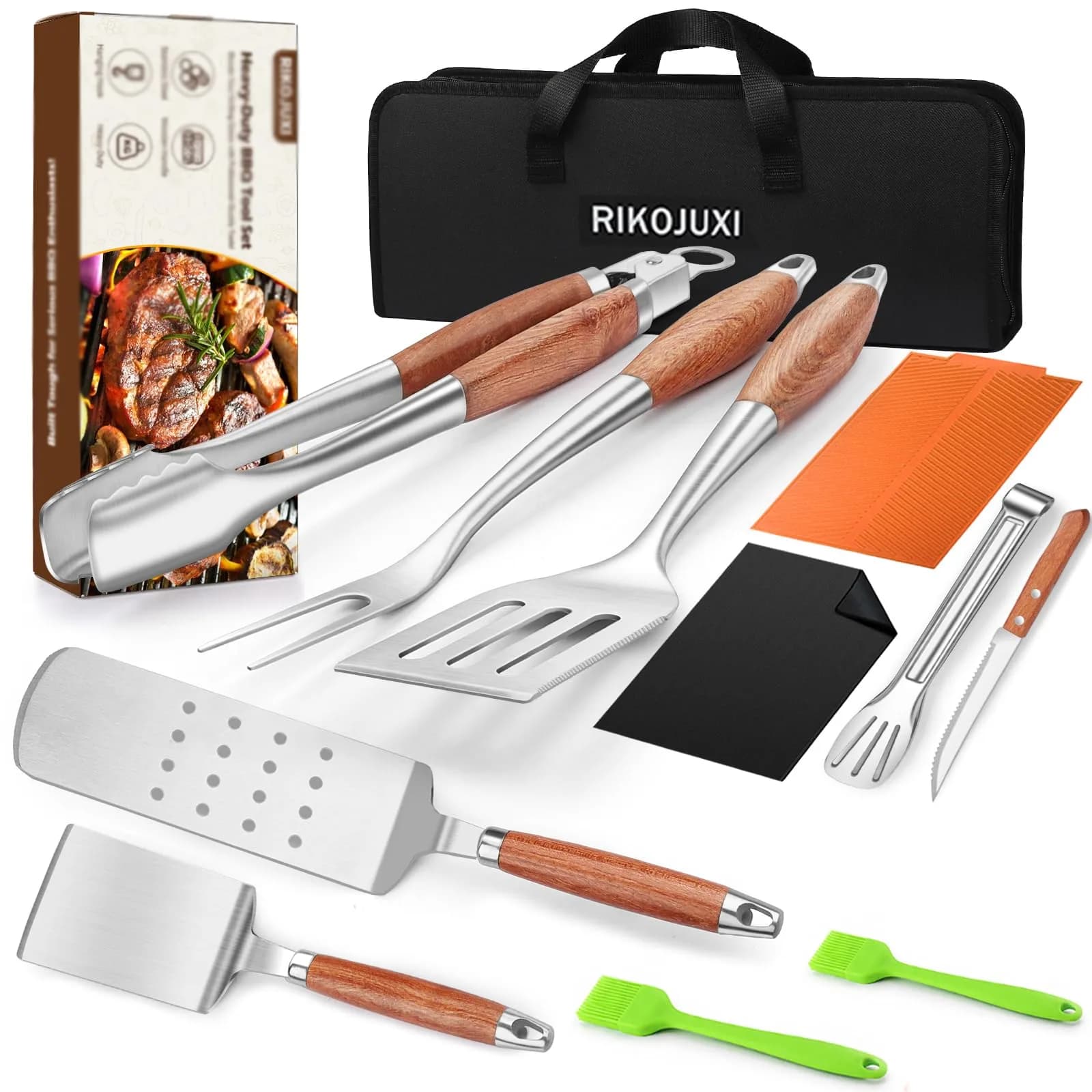 RIKOJUXI Heavy Duty Stainless Steel BBQ Accessories Tools Set Grill Gift | 16 Inch Long Handles for Safety - main product image