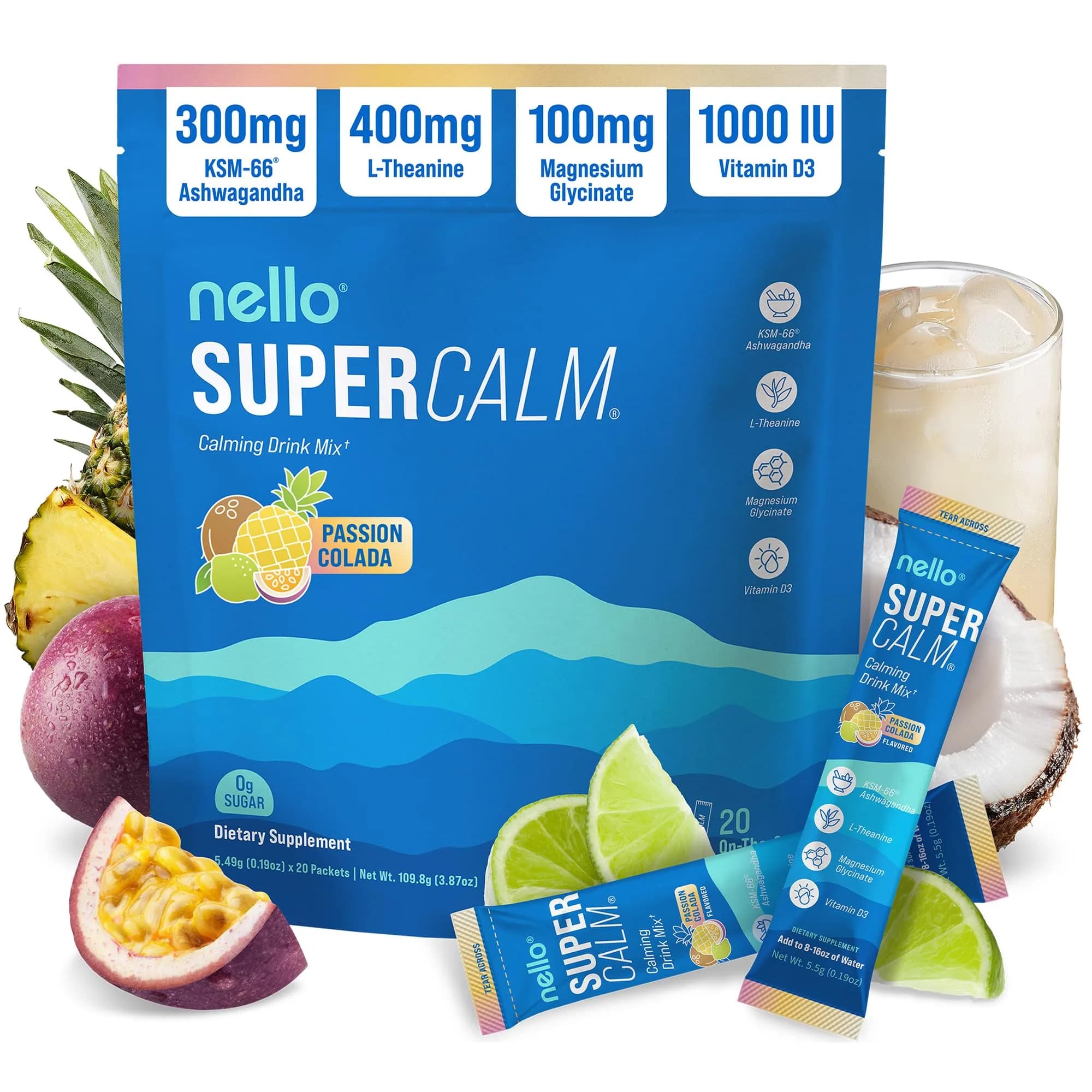 Nello SuperCalm Powdered Drink Mix Passion Colada 20 Ct | Cortisol Reducer and Sleep Aid Supplement - main product image