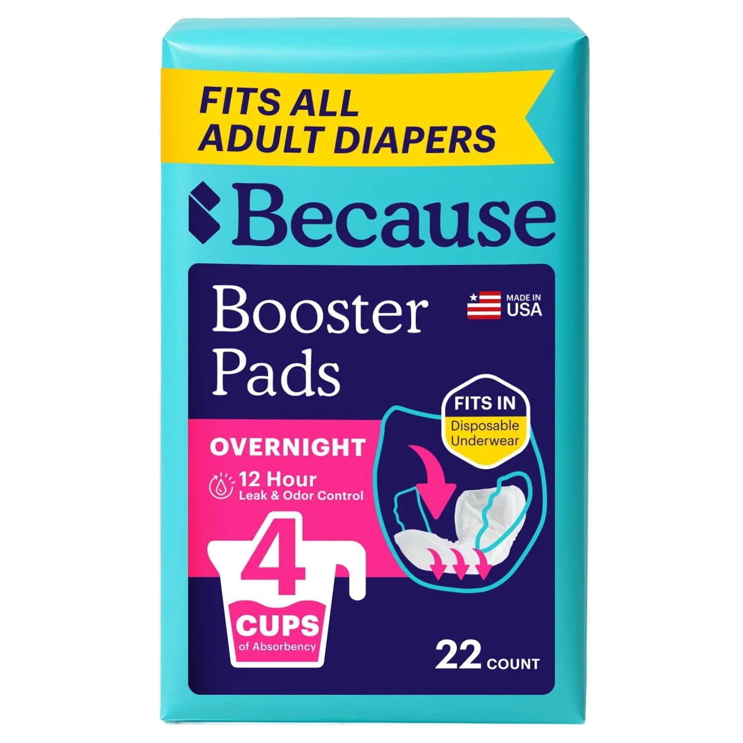 Because Overnight Booster Pads Fits All Adult Diapers | Extra Absorbency for Night Use - main product image
