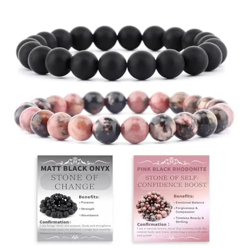 NCB Natural Crystal Gemstone Stretch Bracelets - Pink Black Rhodonite & Matte Black Agate (4mm Beads, 2-Pack) | Handmade Reiki Healing Jewelry - main product image