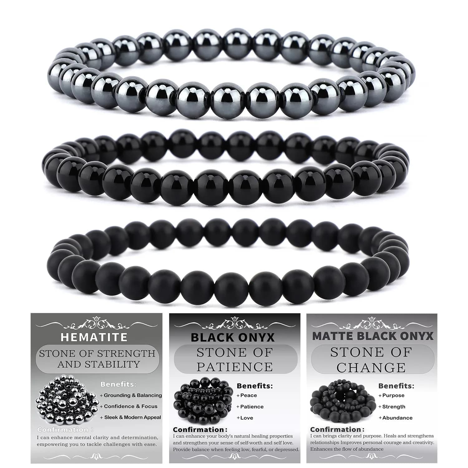 NCB 3-Piece 6mm Natural Crystal Gemstone Stretch Bracelets | Black Onyx, Hematite, Matte Black Agate - main product image