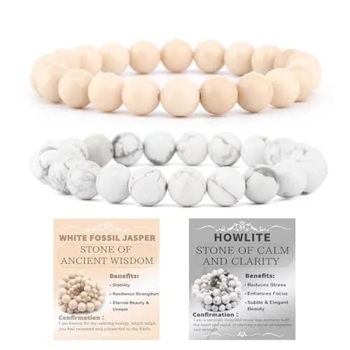 NCB Natural Crystal Gemstone Stretch Bracelets (8mm Howlite, White Fossil Jasper) | Handmade Reiki Healing Jewelry for Meditation, Yoga - main product image