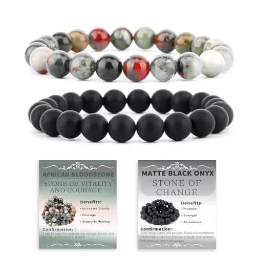 NCB 2-Piece African Bloodstone & Matte Black Agate 4mm Natural Gemstone Stretch Bracelets | Handmade Reiki Healing Jewelry - main product image