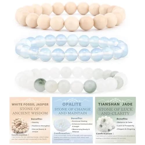 NCB Natural Crystal Gemstone Stretch Bracelets - Opalite, Tianshan Jade, White Fossil Jasper (3-Pack, 4mm) | Authentic USA Import for Meditation & Yoga - main product image