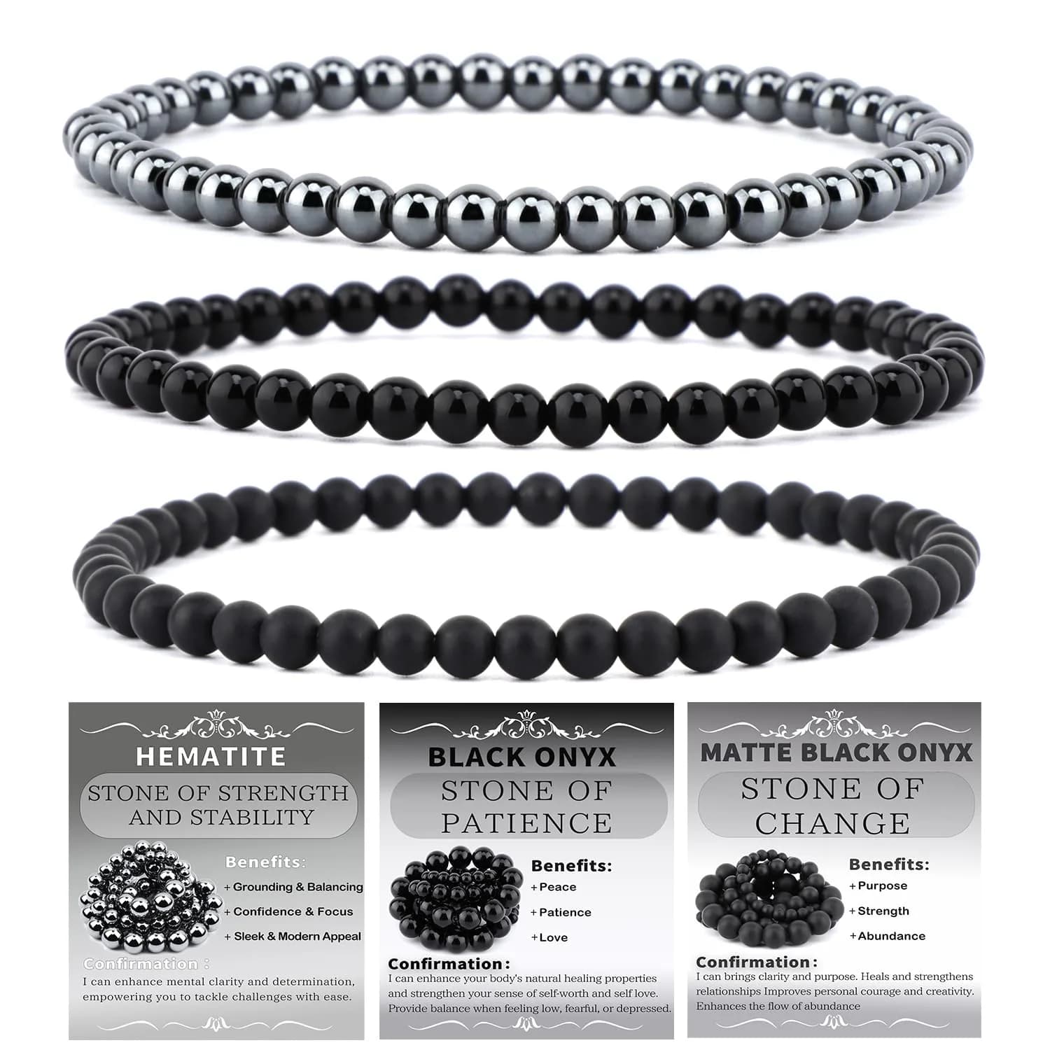 NCB 3-Piece 4mm Natural Crystal Gemstone Stretch Bracelets - Black Onyx, Hematite, Matte Black Agate | Handmade Reiki Healing Jewelry - main product image