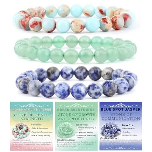 NCB Natural Crystal Gemstone Stretch Bracelets - Agalmatolite Jasper, Blue Spot, Green Aventurine (8mm, 3-Piece Set) | Reiki Energy Healing Jewelry - main product image