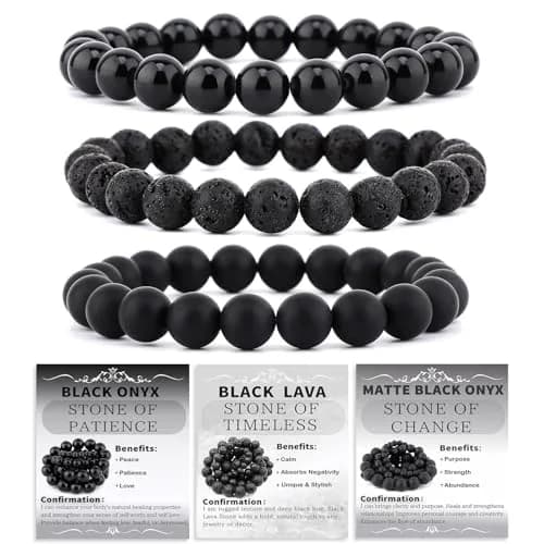 NCB 3-Piece Natural Crystal Gemstone Stretch Bracelets - Black Lava, Onyx, Agate 8mm Beads | Reiki Energy Healing Jewelry - main product image