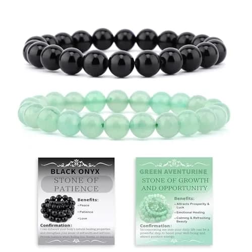 NCB Natural Crystal Gemstone Stretch Bracelets Black Onyx Green Aventurine 4mm Beads | Handmade Reiki Energy Healing Jewelry - main product image